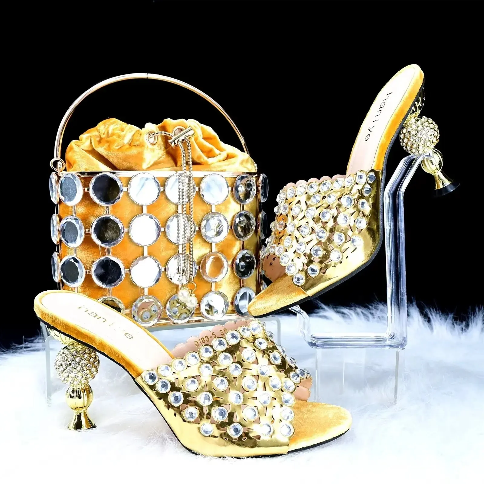 Fashion Shiny High Heels Nigerian Bow Crystal Sandals Wedding Party Elegant Women's Shoe Bag Set