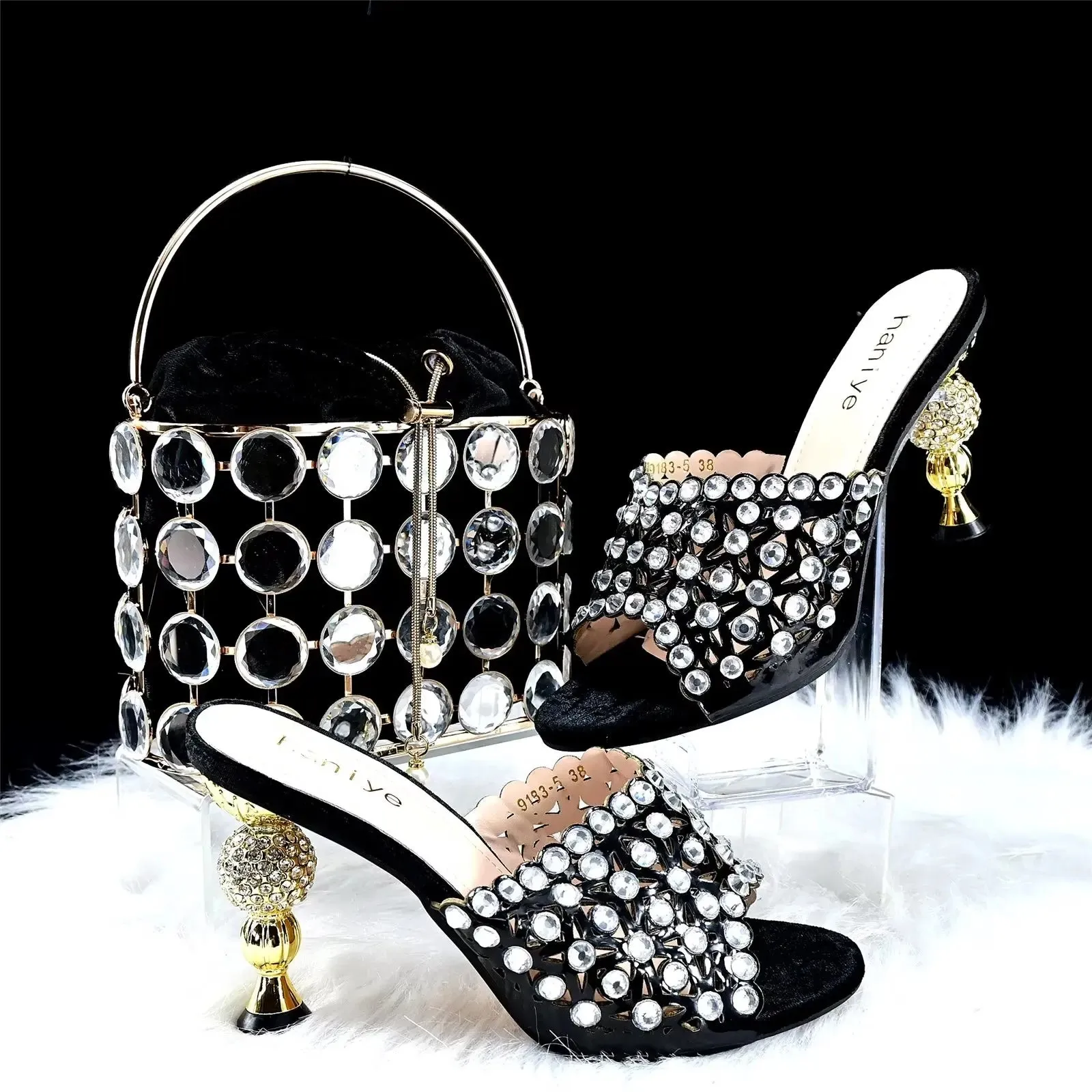 Fashion Shiny High Heels Nigerian Bow Crystal Sandals Wedding Party Elegant Women's Shoe Bag Set