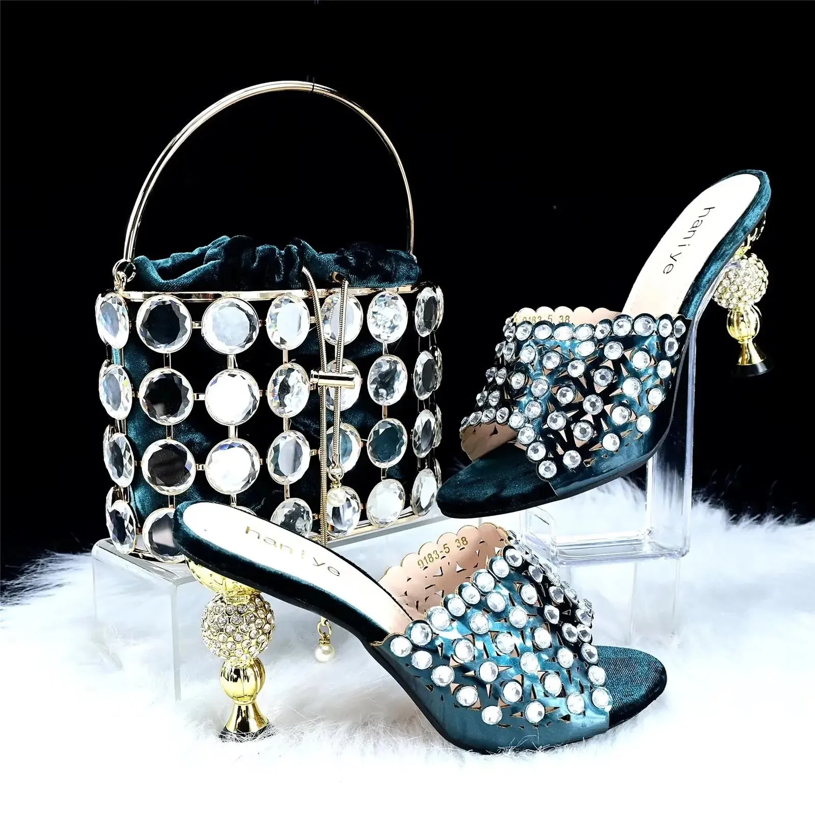 Fashion Shiny High Heels Nigerian Bow Crystal Sandals Wedding Party Elegant Women's Shoe Bag Set