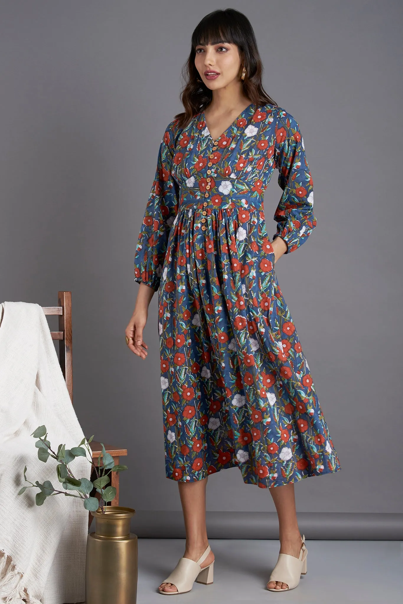 fitted waist gather dress - whispering blues & breath of spring