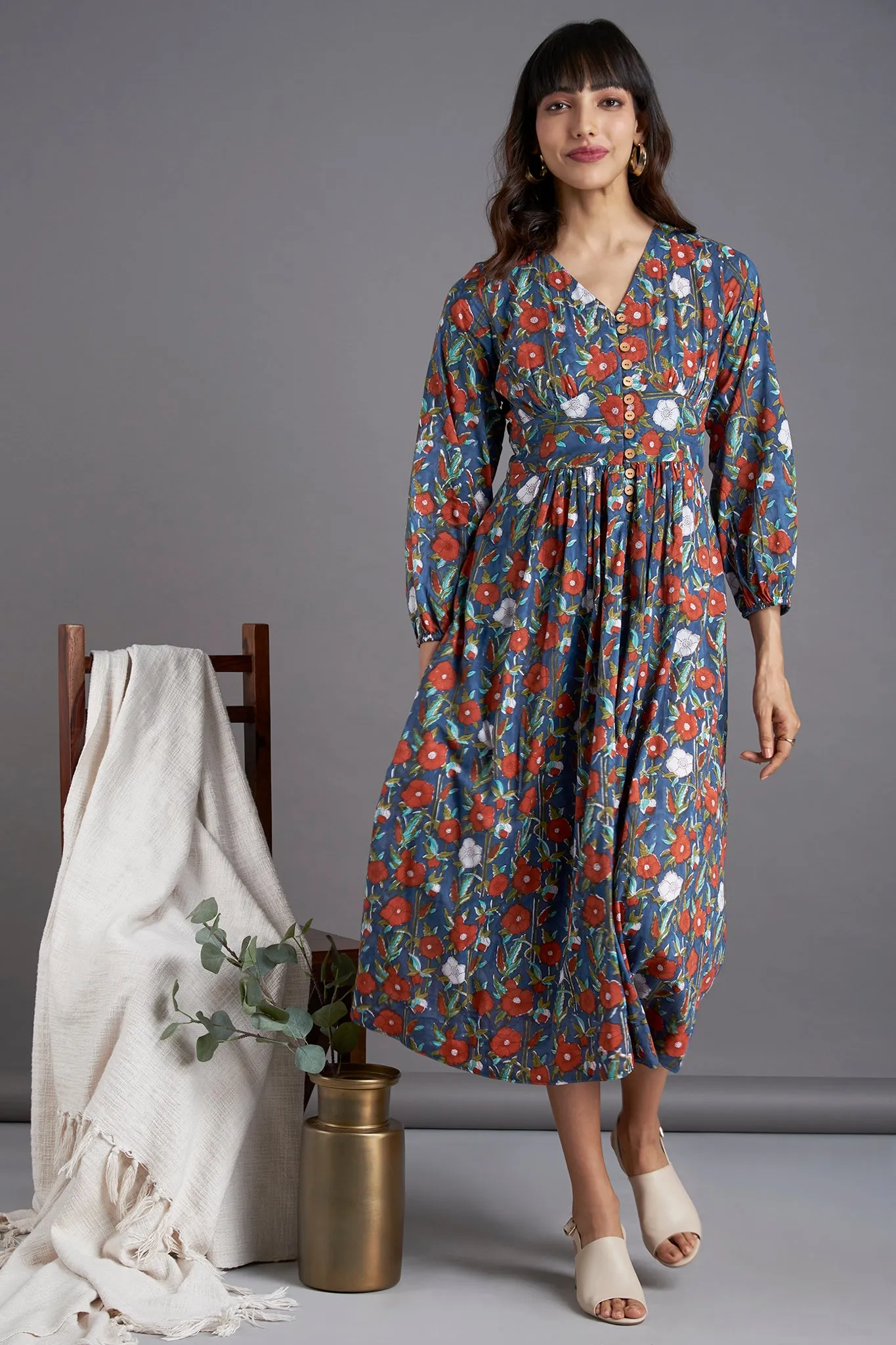 fitted waist gather dress - whispering blues & breath of spring