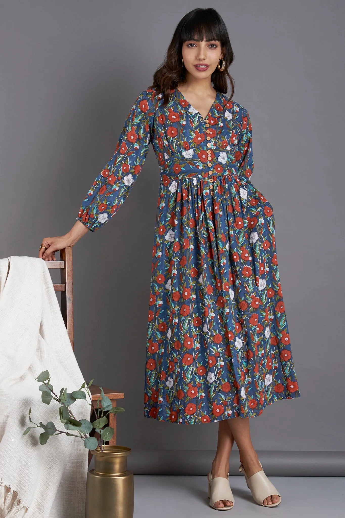 fitted waist gather dress - whispering blues & breath of spring