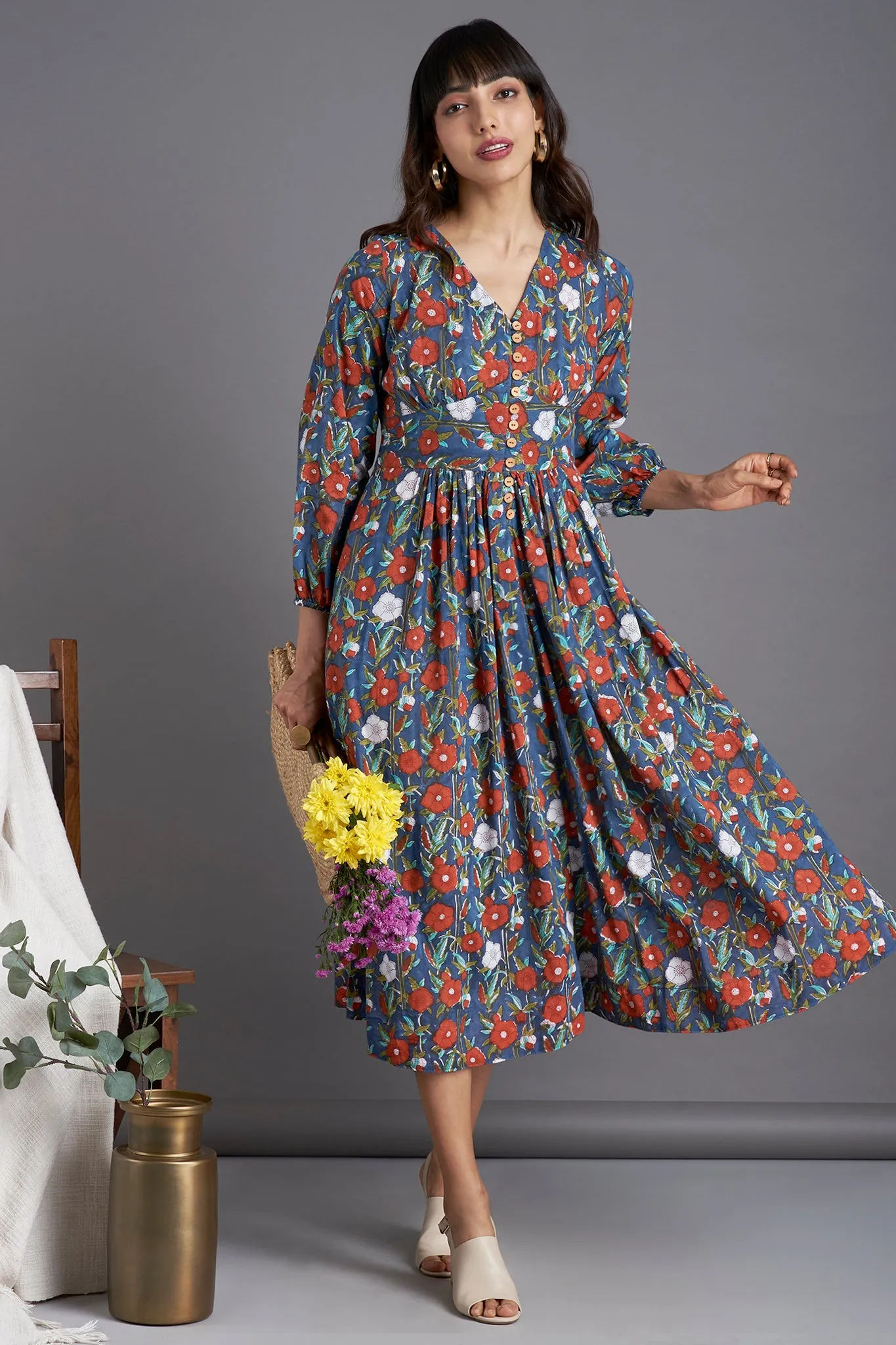 fitted waist gather dress - whispering blues & breath of spring