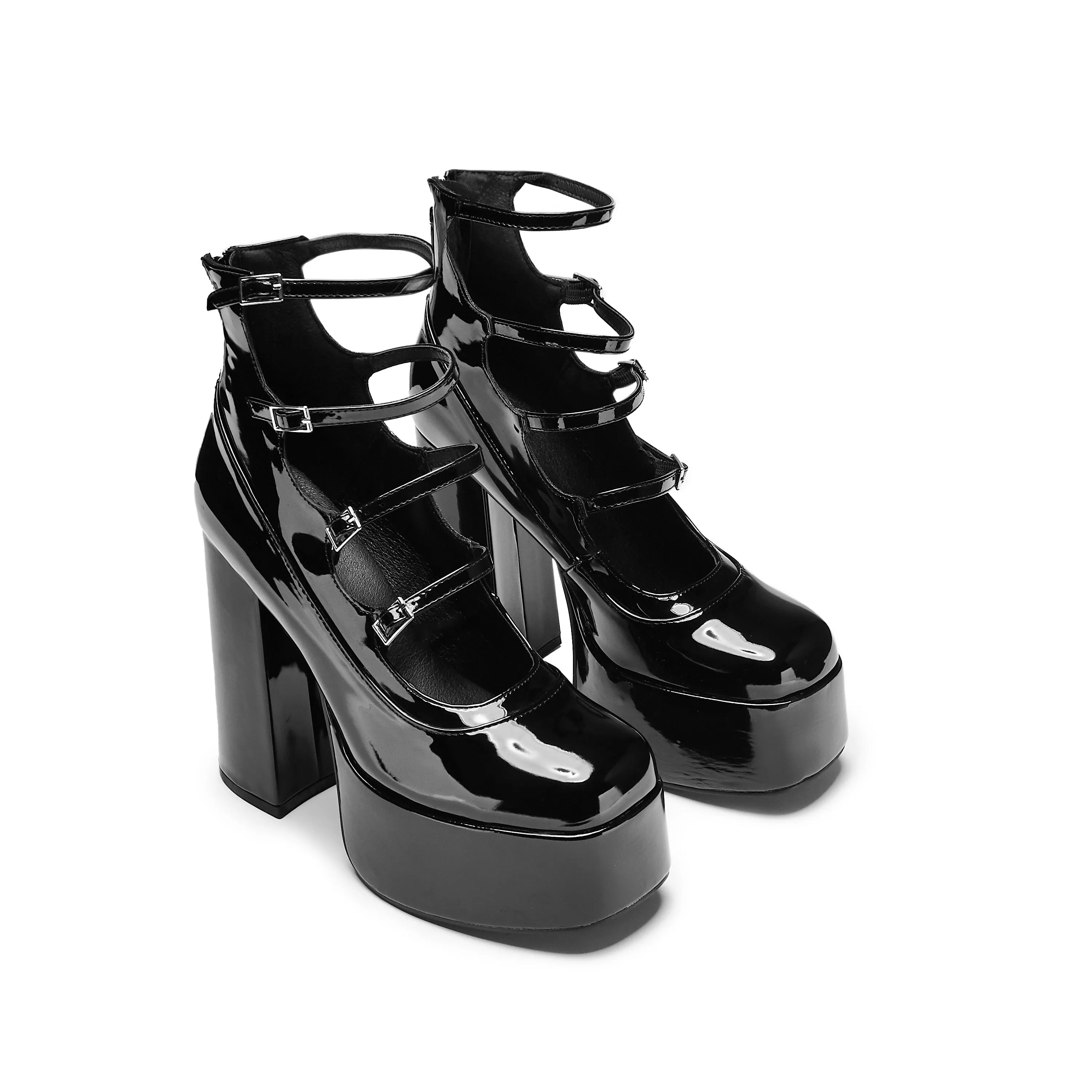 Gurren Strappy Black Patent Platform Heels