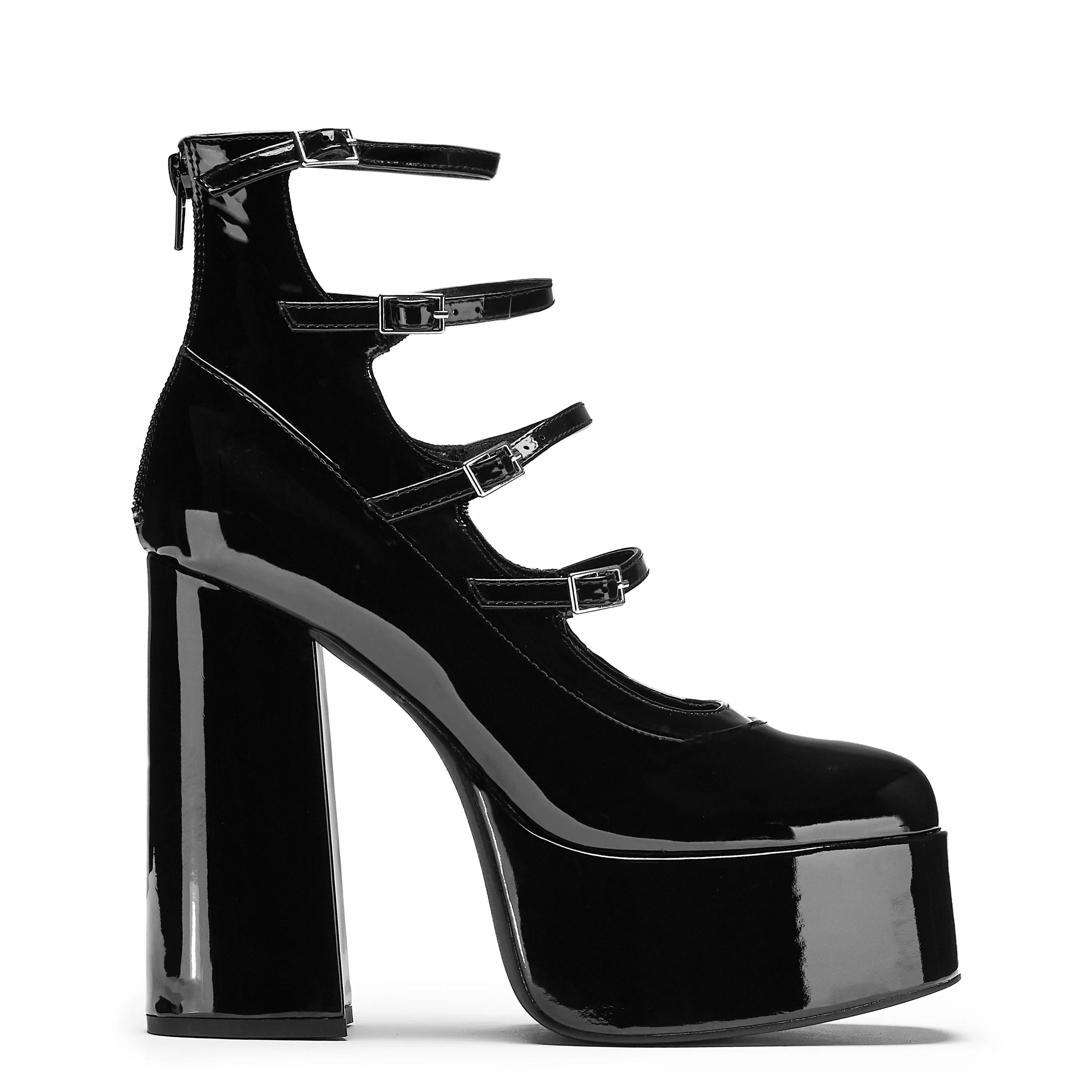 Gurren Strappy Black Patent Platform Heels