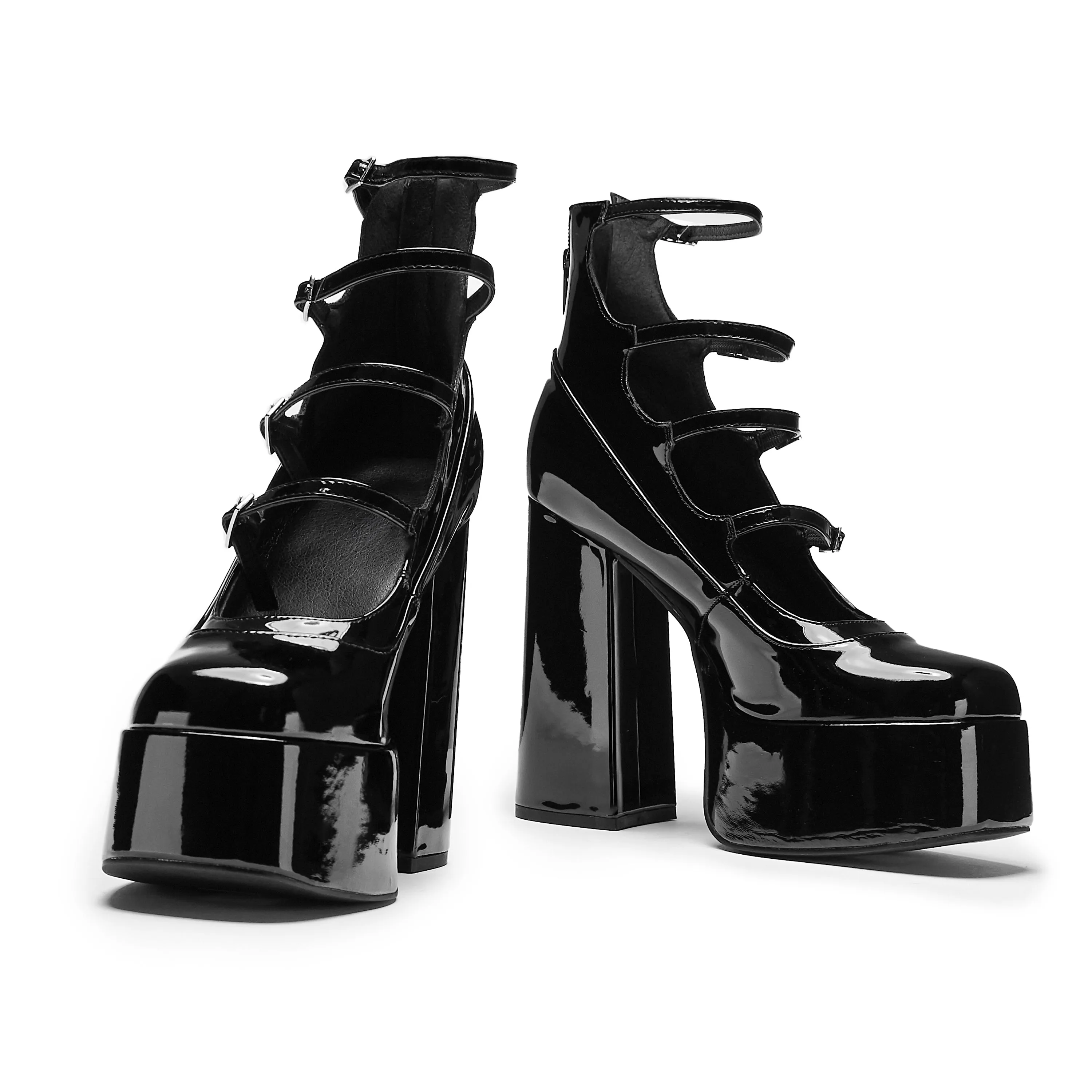 Gurren Strappy Black Patent Platform Heels