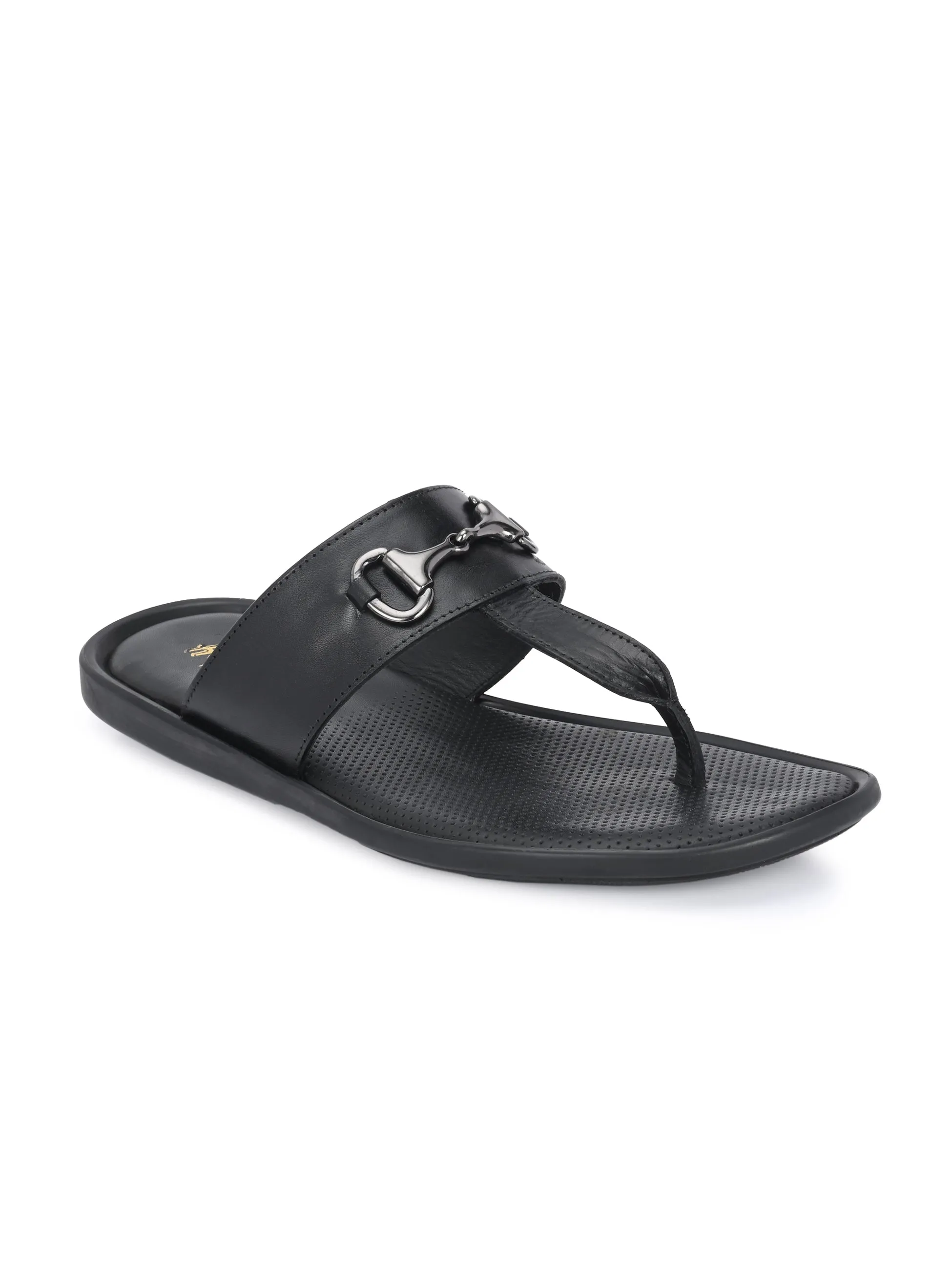 Hitz Men's Black Leather Casual Daily Wear Slipper