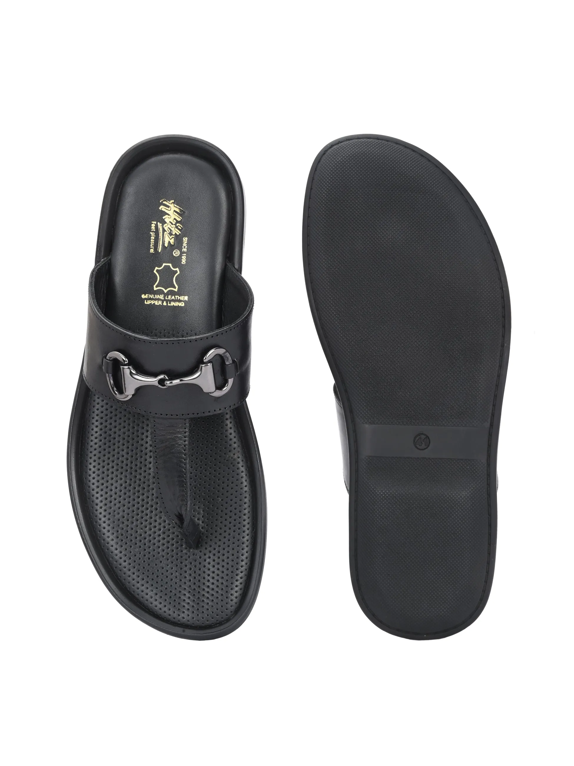 Hitz Men's Black Leather Casual Daily Wear Slipper