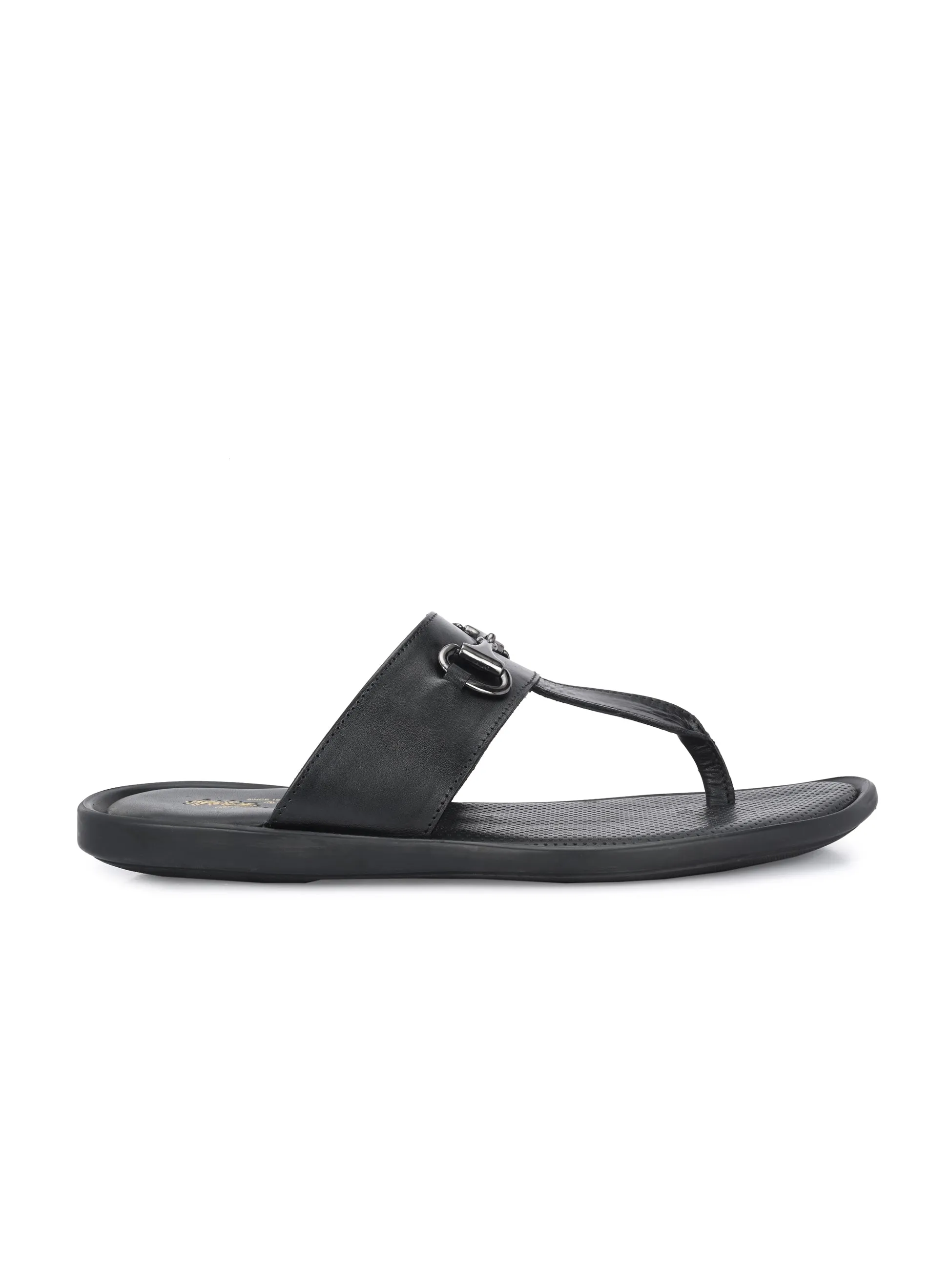 Hitz Men's Black Leather Casual Daily Wear Slipper