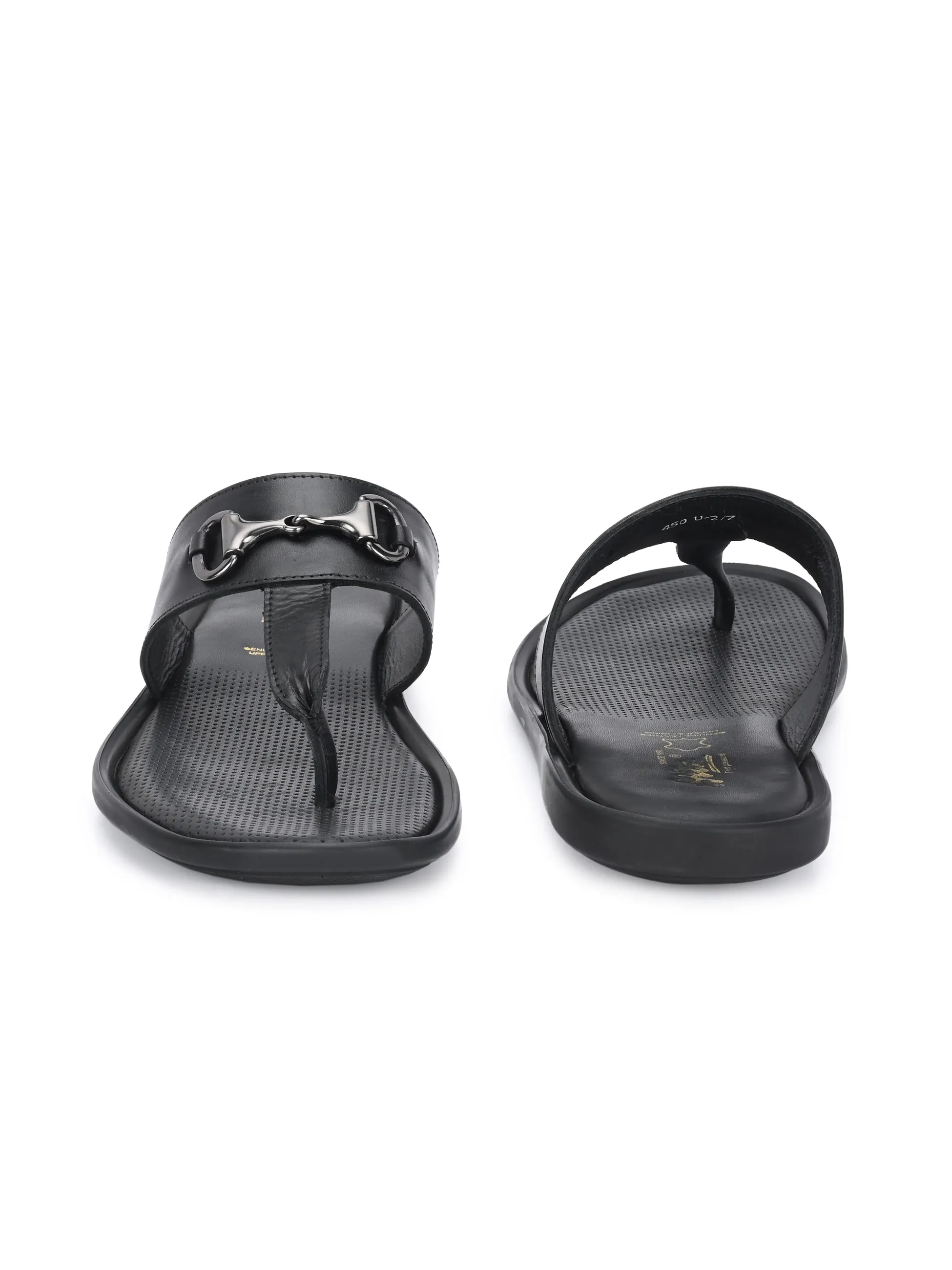 Hitz Men's Black Leather Casual Daily Wear Slipper