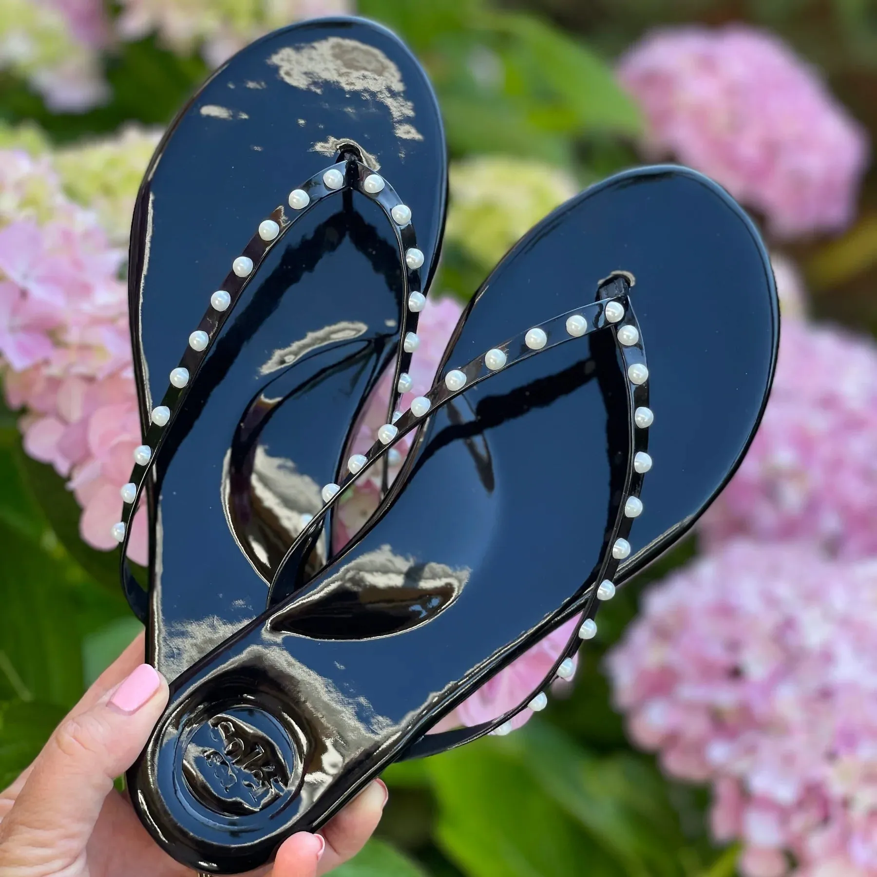 Indie Sandal | Black Patent with White Pearl