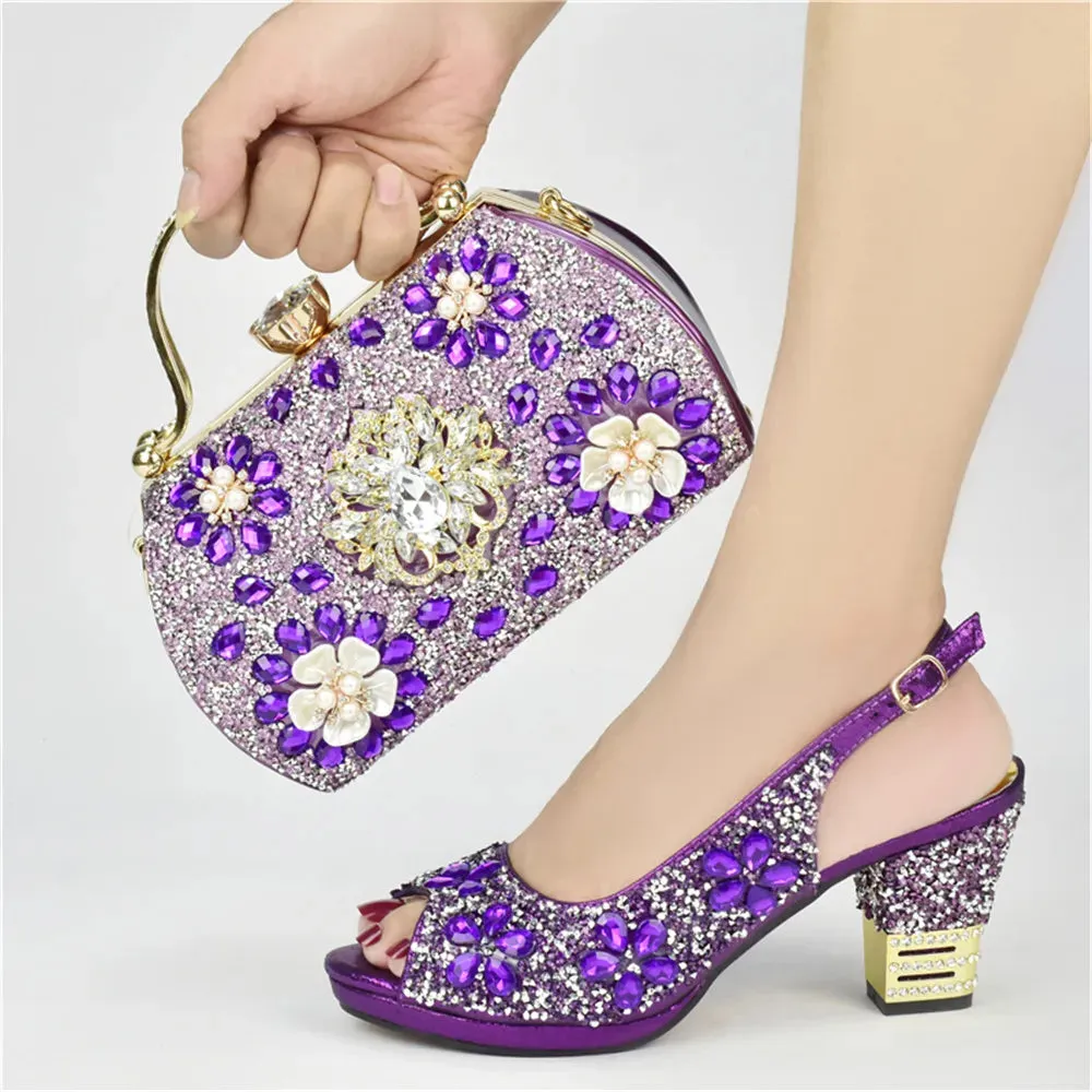 Italian Design Newest Fashion Elegant Purple Color Ladies Shoes and Bag Set