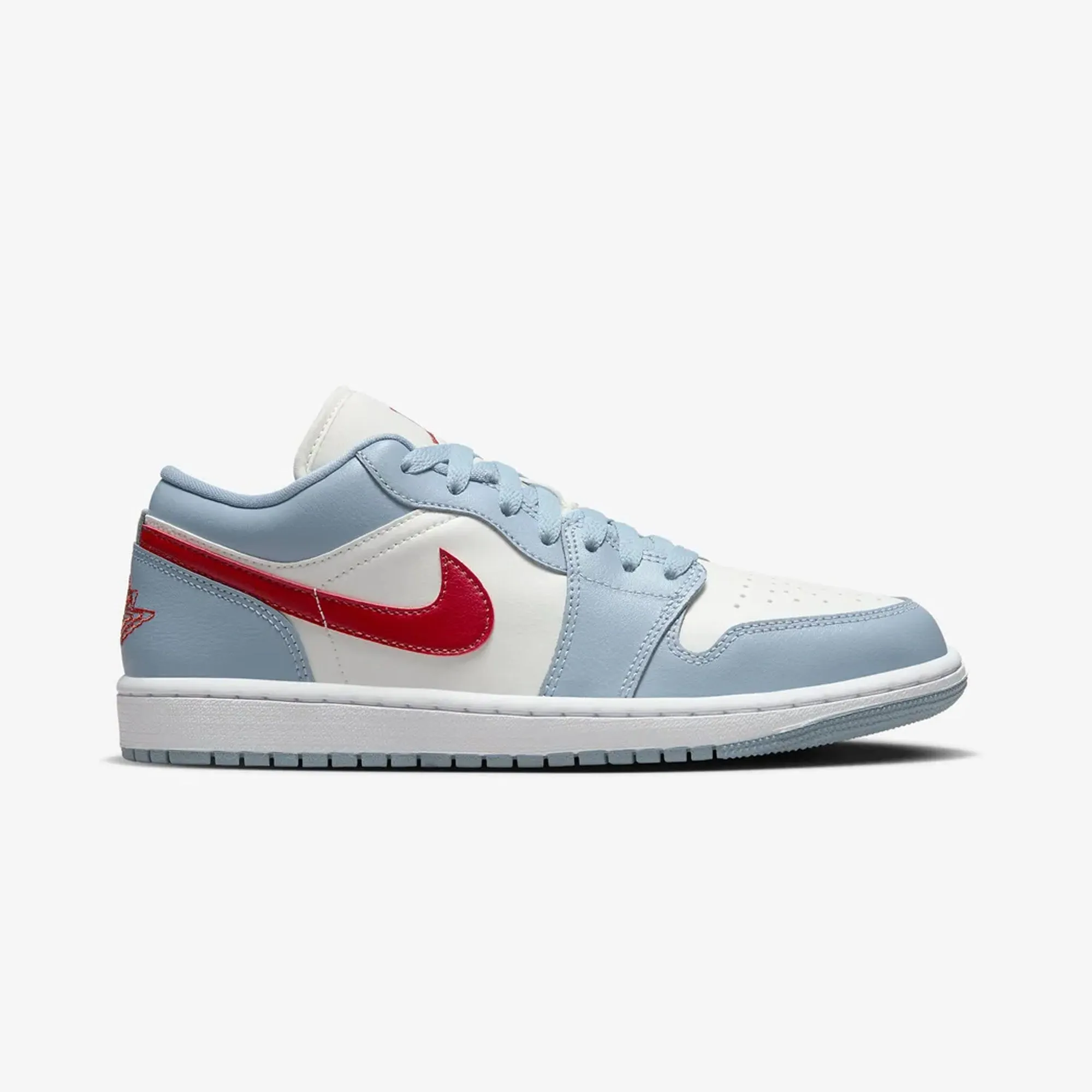 Jordan | WMN'S AIR JORDAN 1 LOW  { SAIL/DUNE RED-BLUE GREY-WHITE