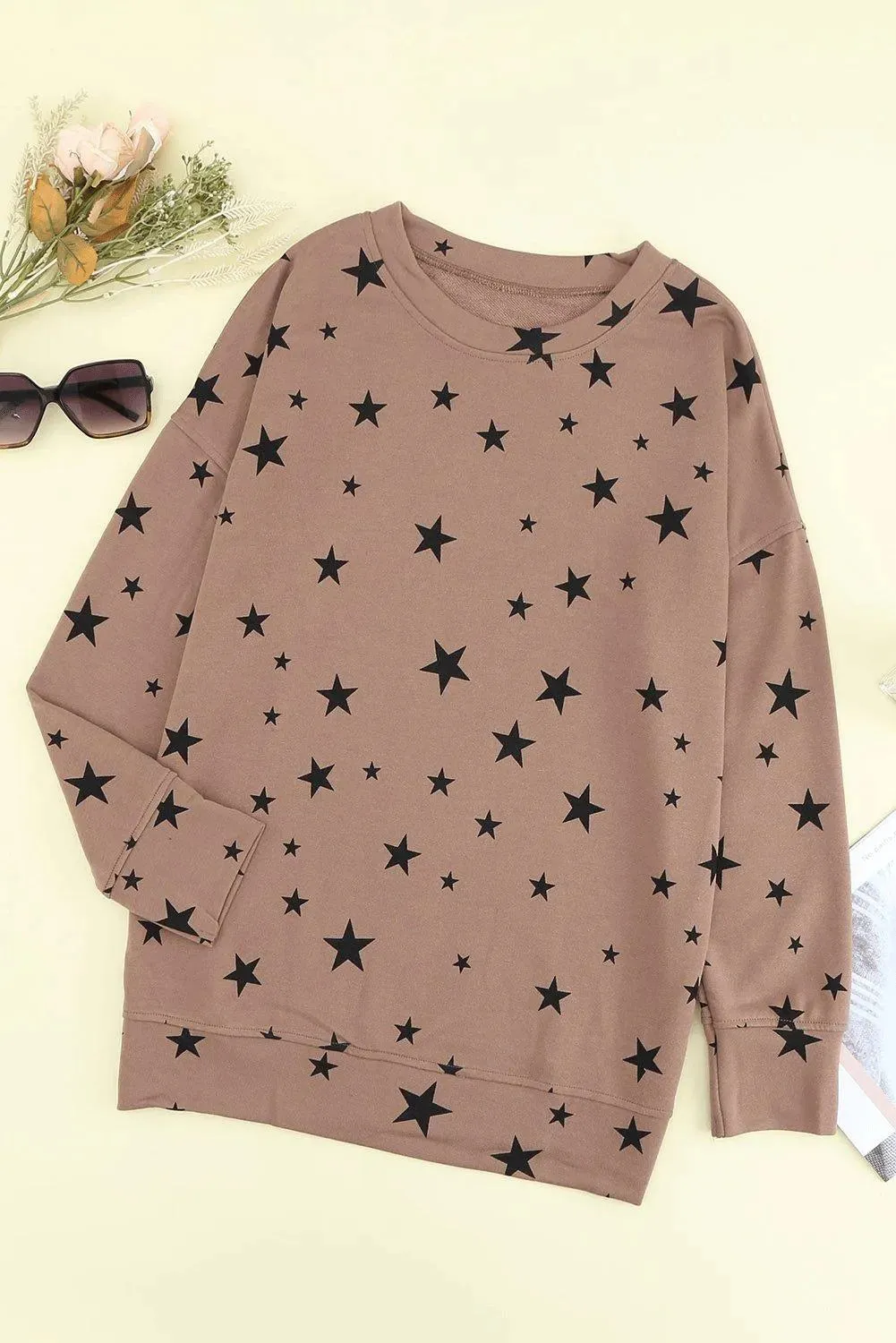 Khaki Round Neck Star Print Long Sleeve Top