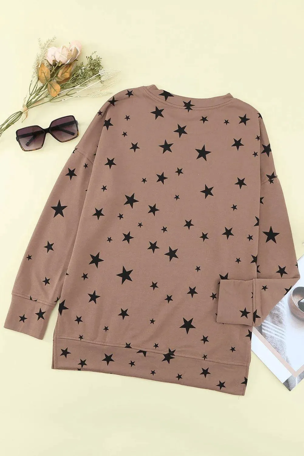 Khaki Round Neck Star Print Long Sleeve Top