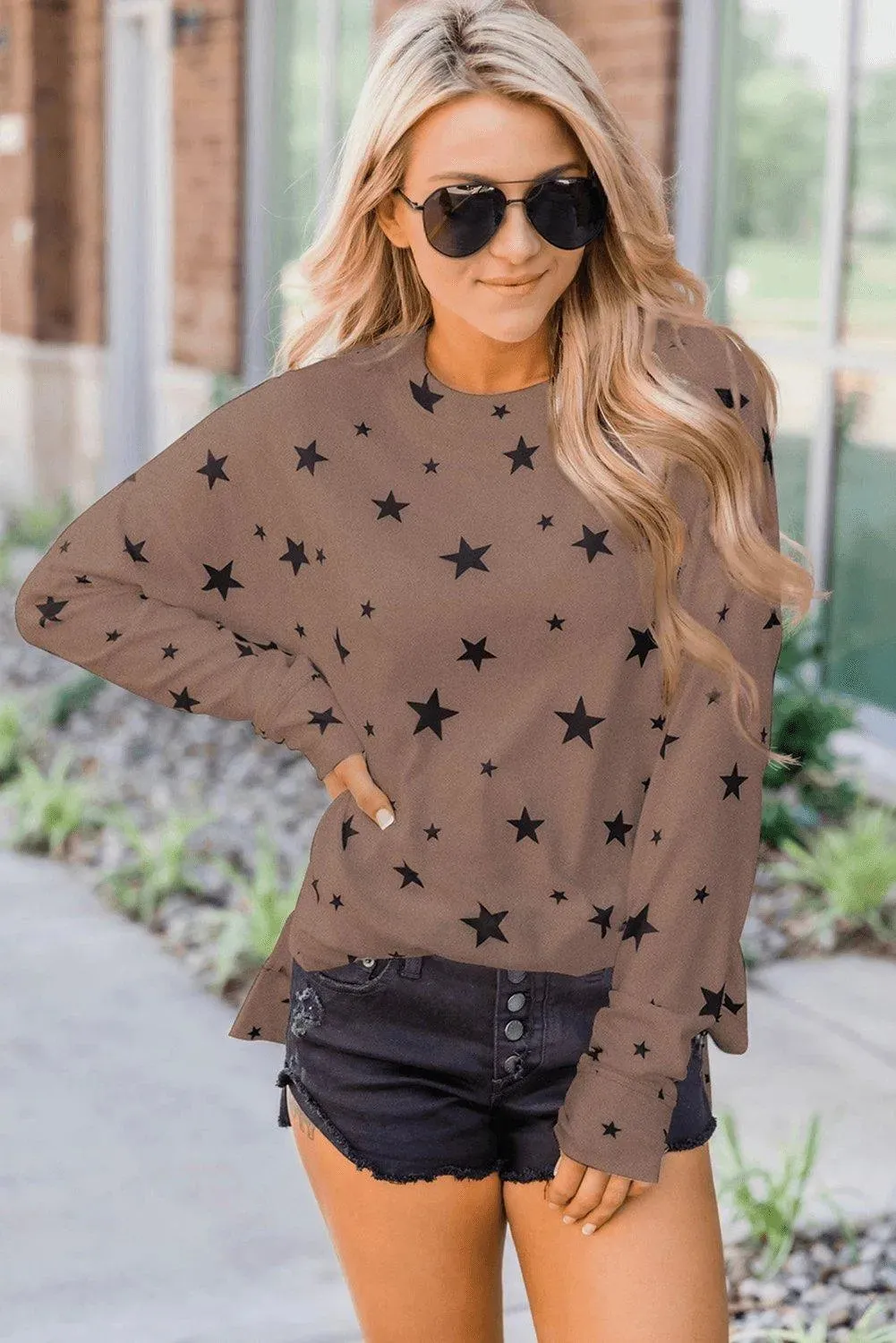 Khaki Round Neck Star Print Long Sleeve Top