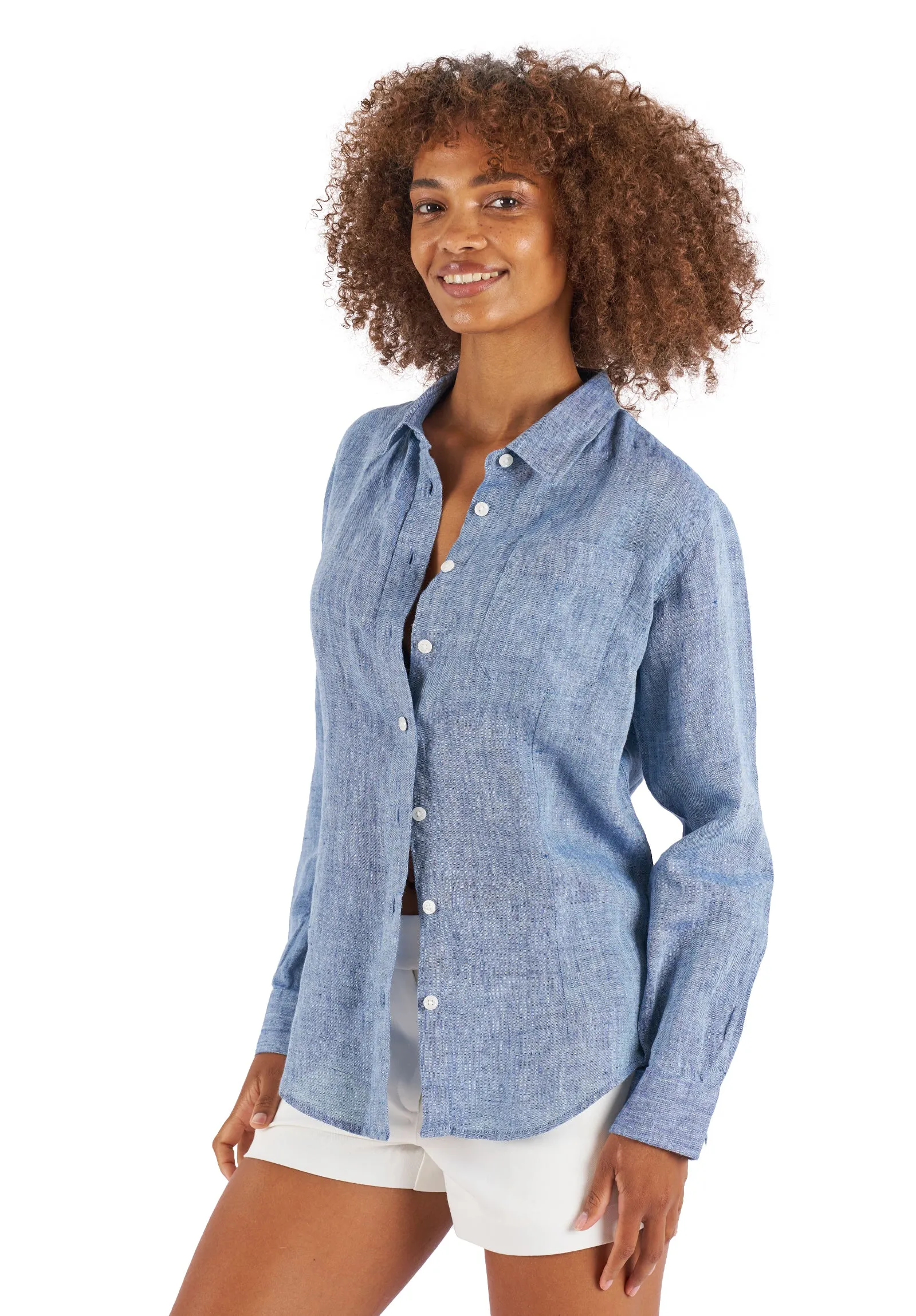 Lina Blue Melange Slim-Fit Linen Shirt