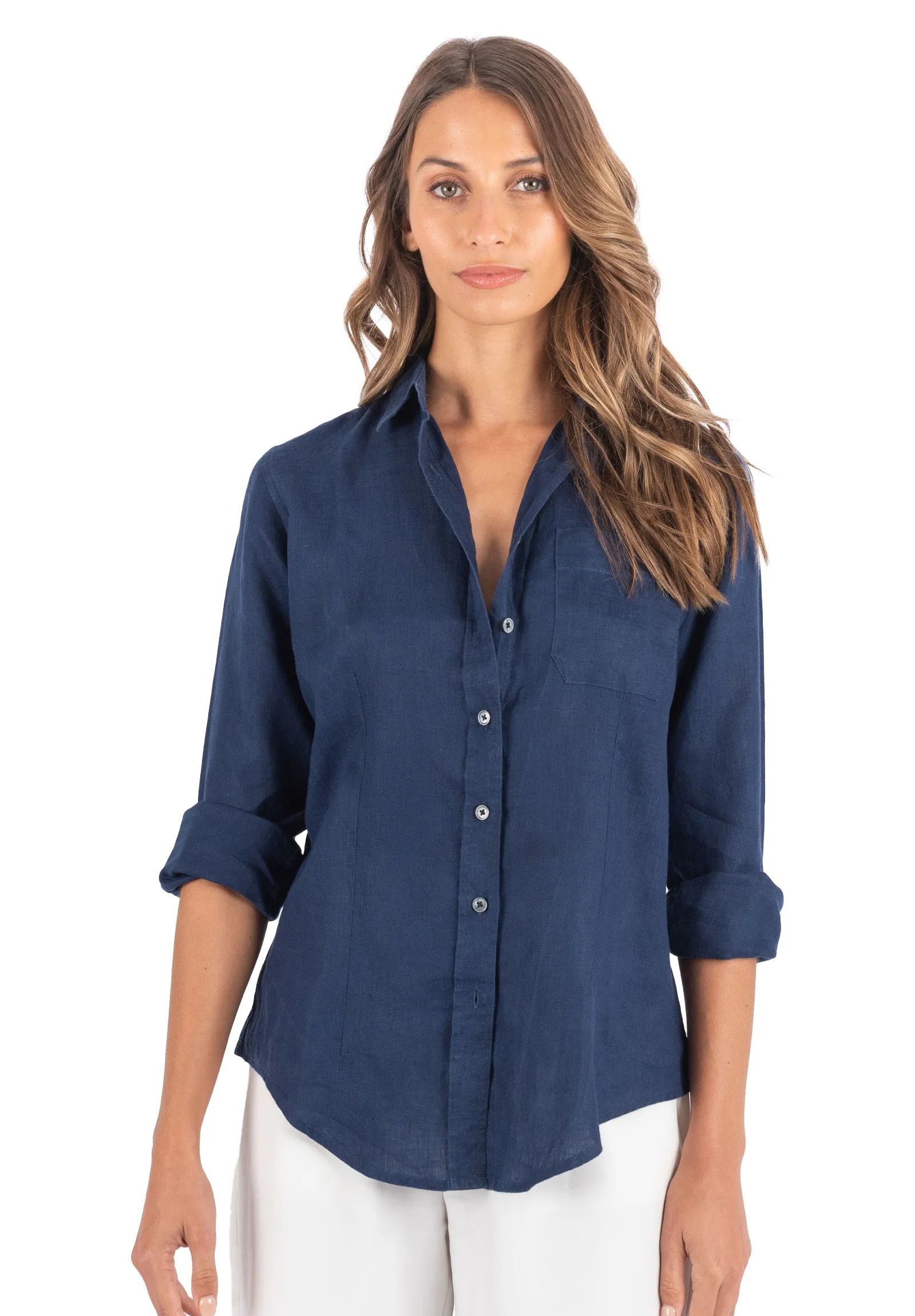 Lina Navy Blue Slim-Fit Linen Shirt