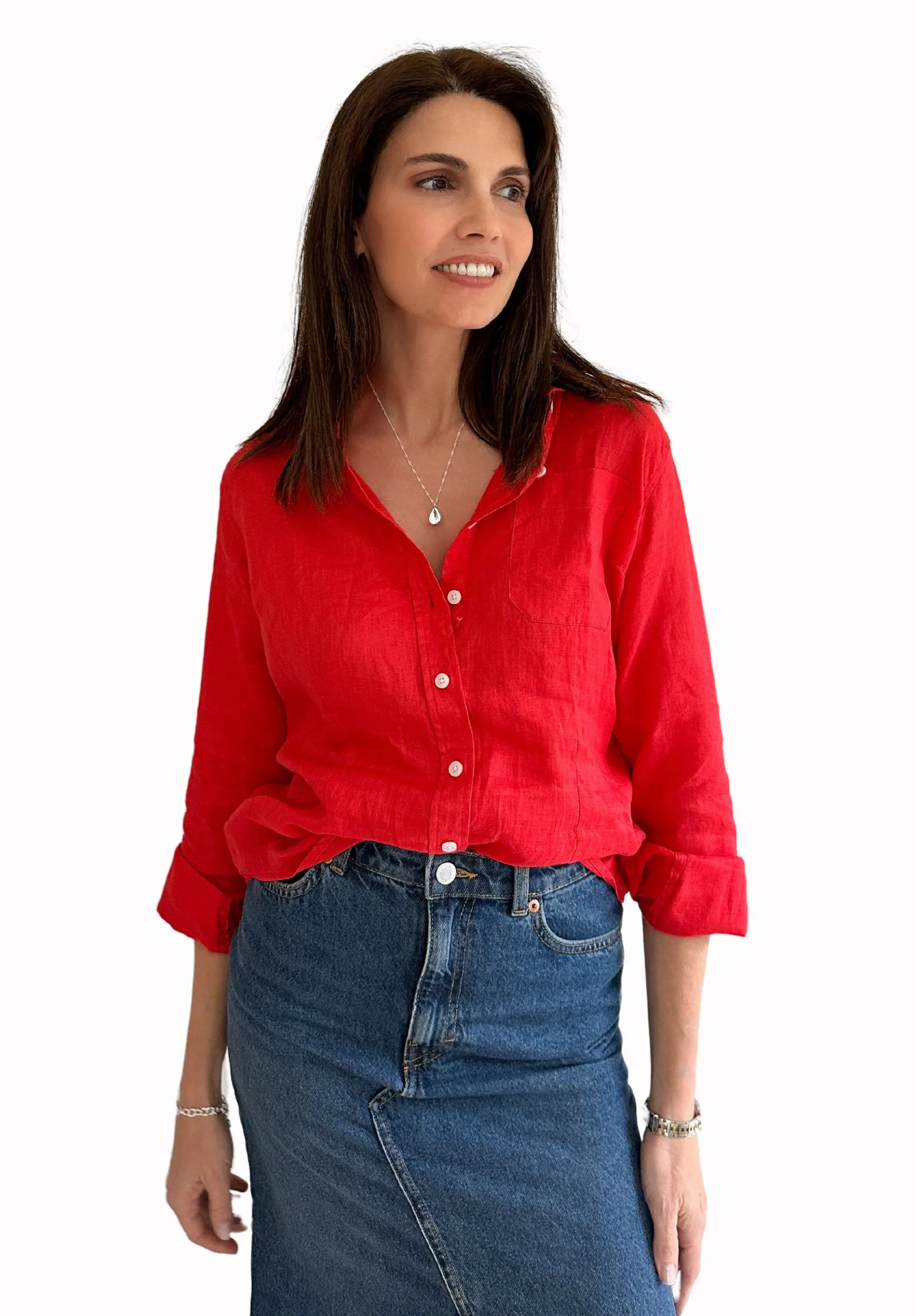 Lina Red Melange Slim-Fit Linen Shirt