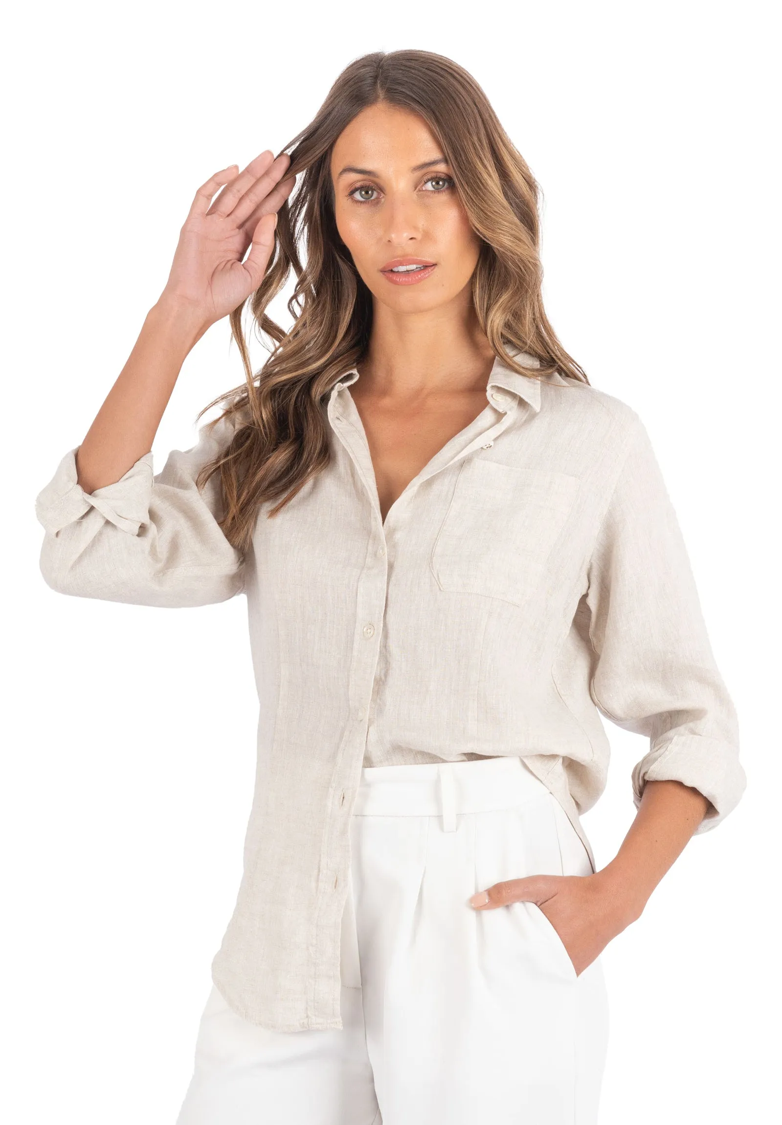 Lina Sand Melange Slim-Fit Linen Shirt