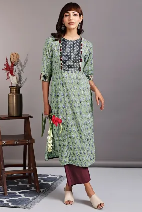 long yoke kurta with slit - meadowlands green & amethyst coneflower