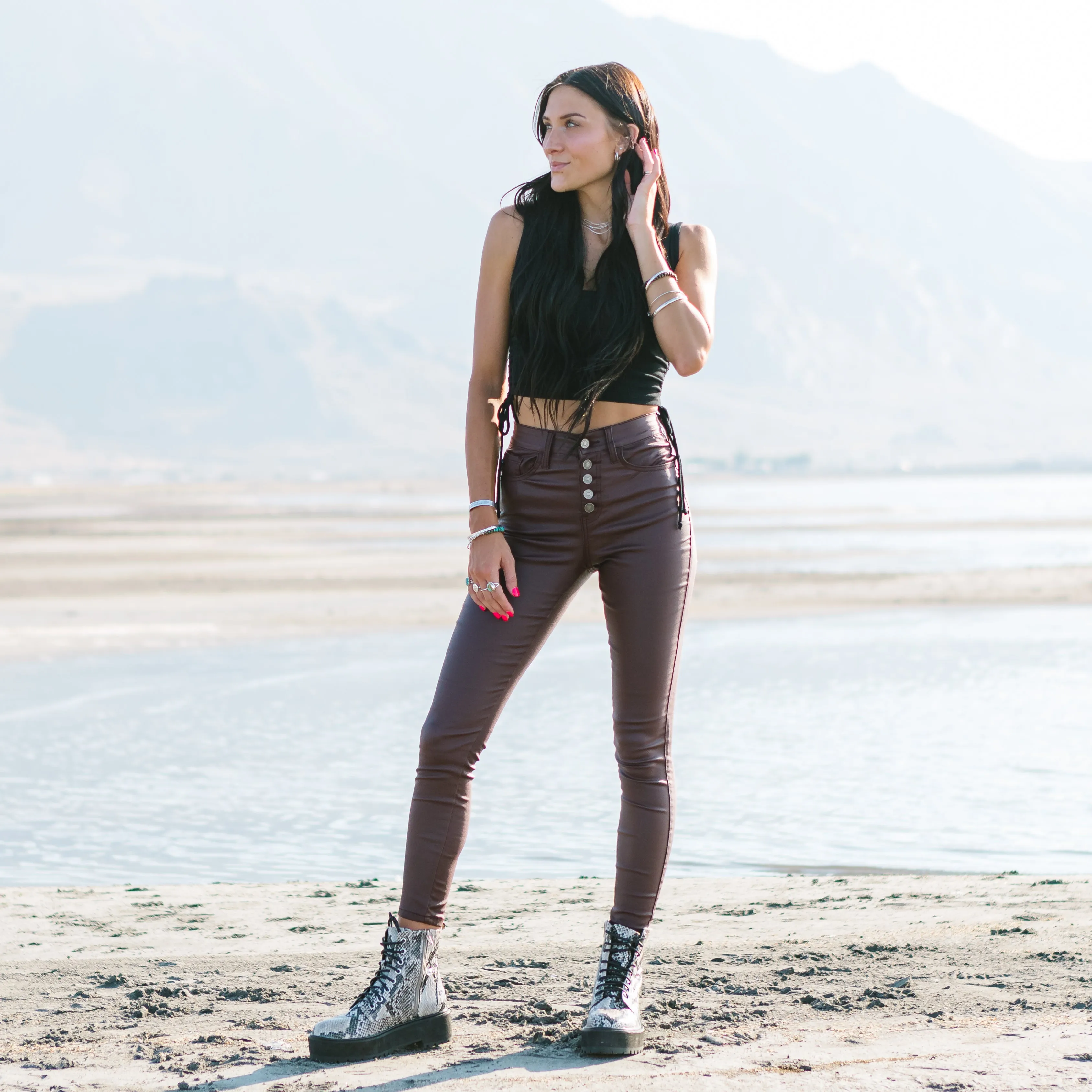 Melea High Rise Leather Skinnies in Burgundy