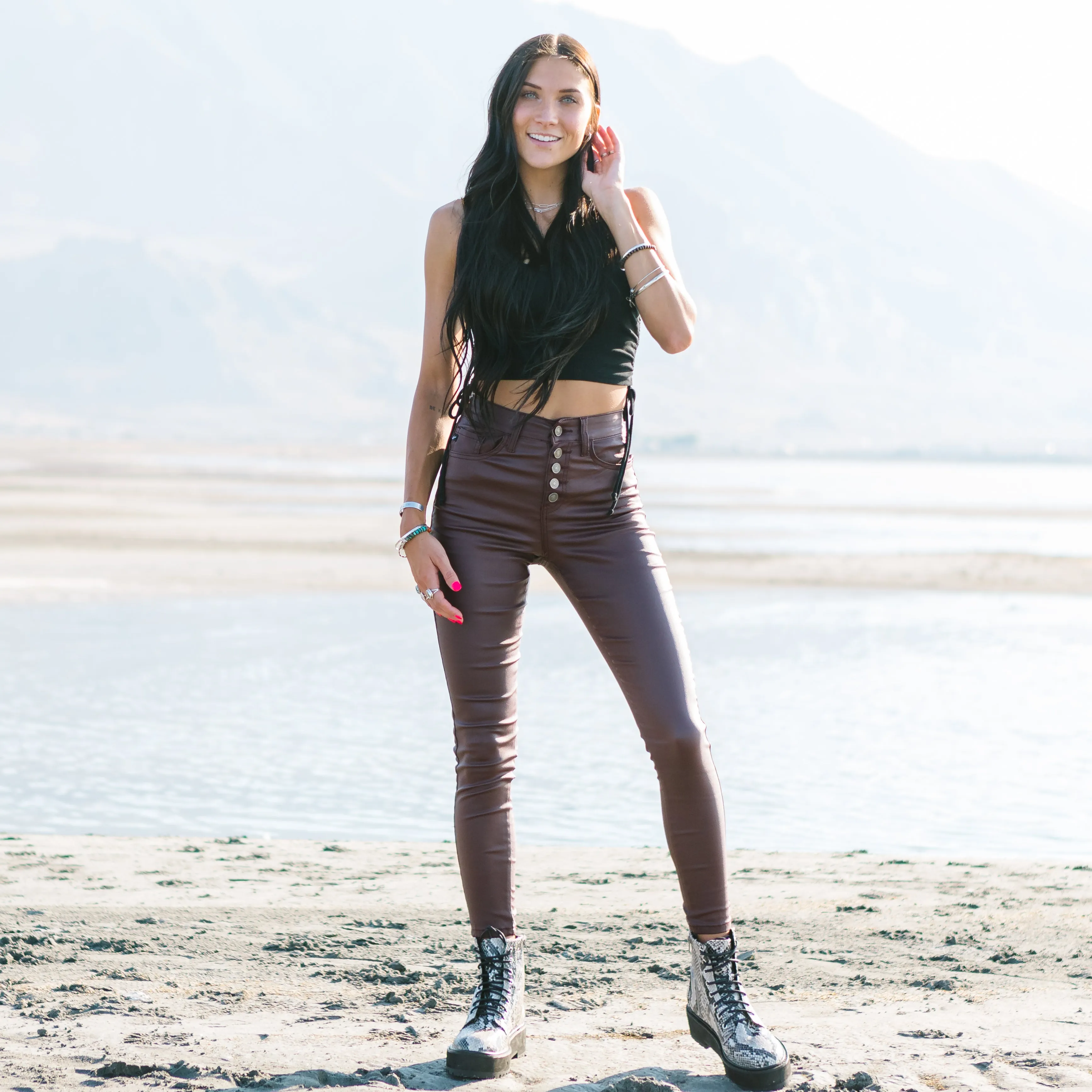 Melea High Rise Leather Skinnies in Burgundy