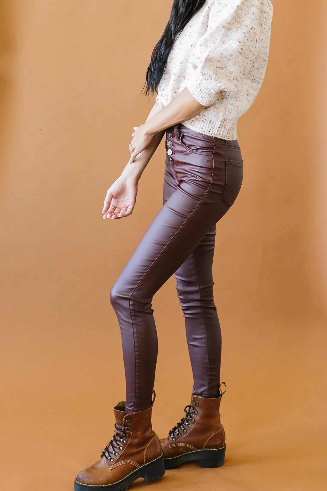 Melea High Rise Leather Skinnies in Burgundy