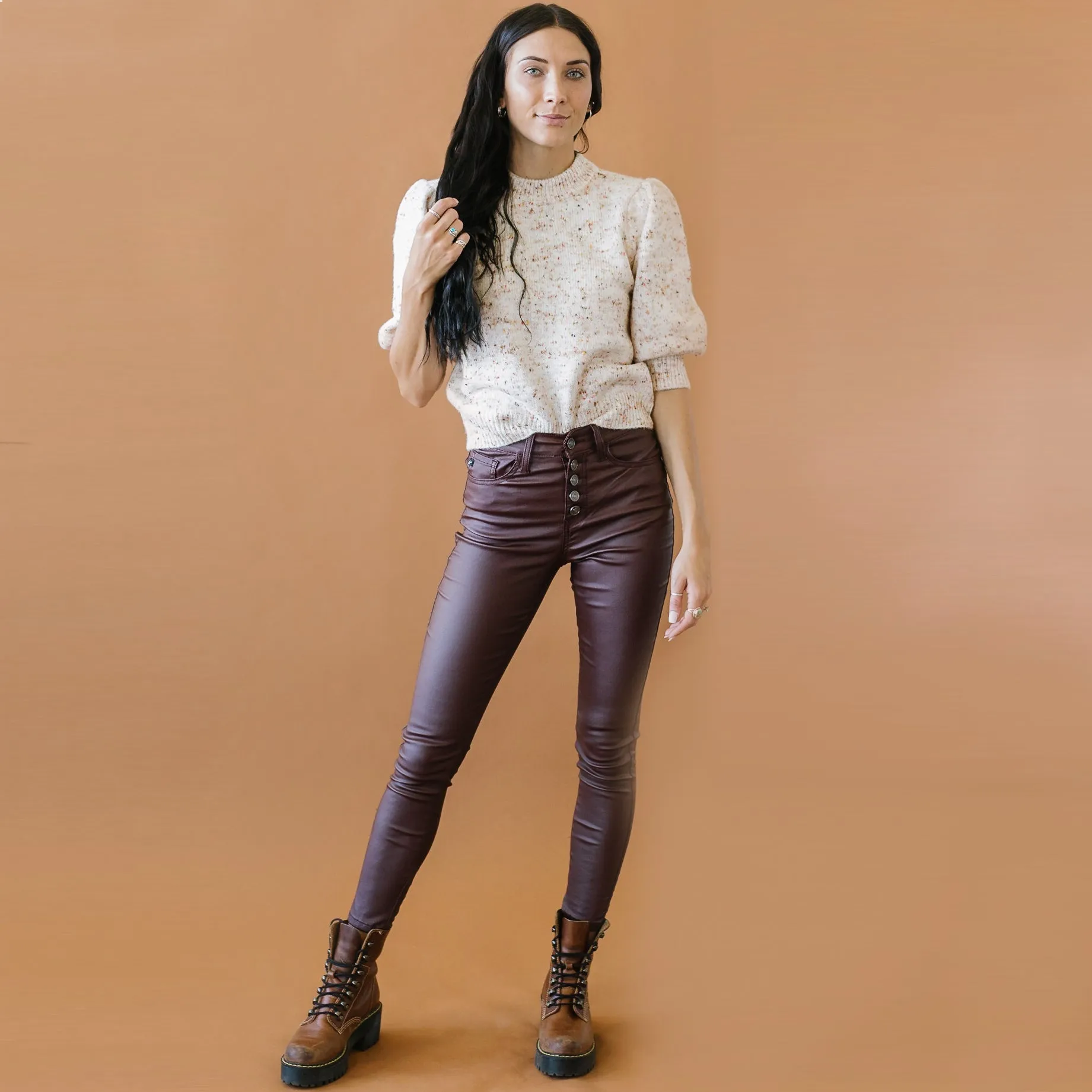 Melea High Rise Leather Skinnies in Burgundy