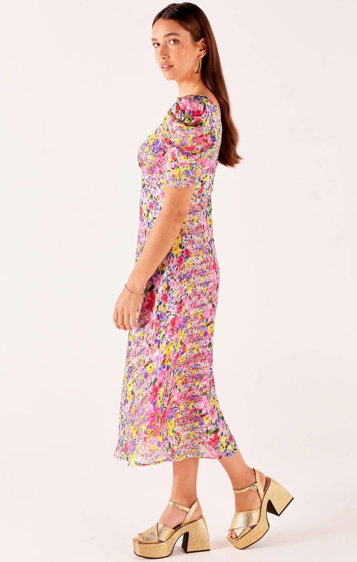 New Blooms Midi Dress in Pink Floral