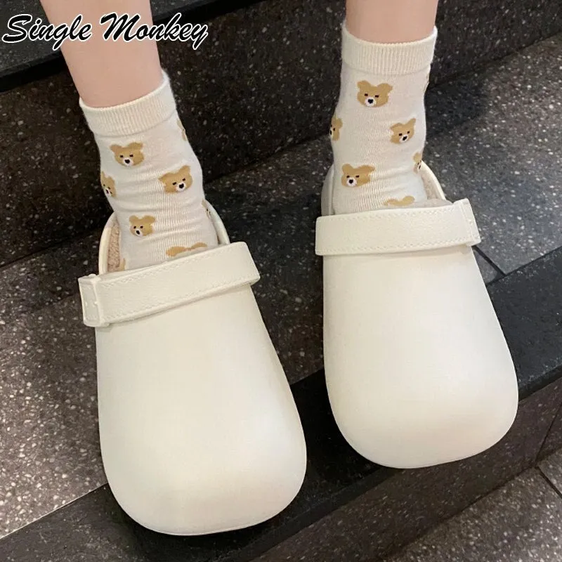 New Flats Winter Slippers Fur Warm Women Shoes 2022 Autumn Winter Casual Slingback Slides Designer Pu Leather Mujer Zapatillas