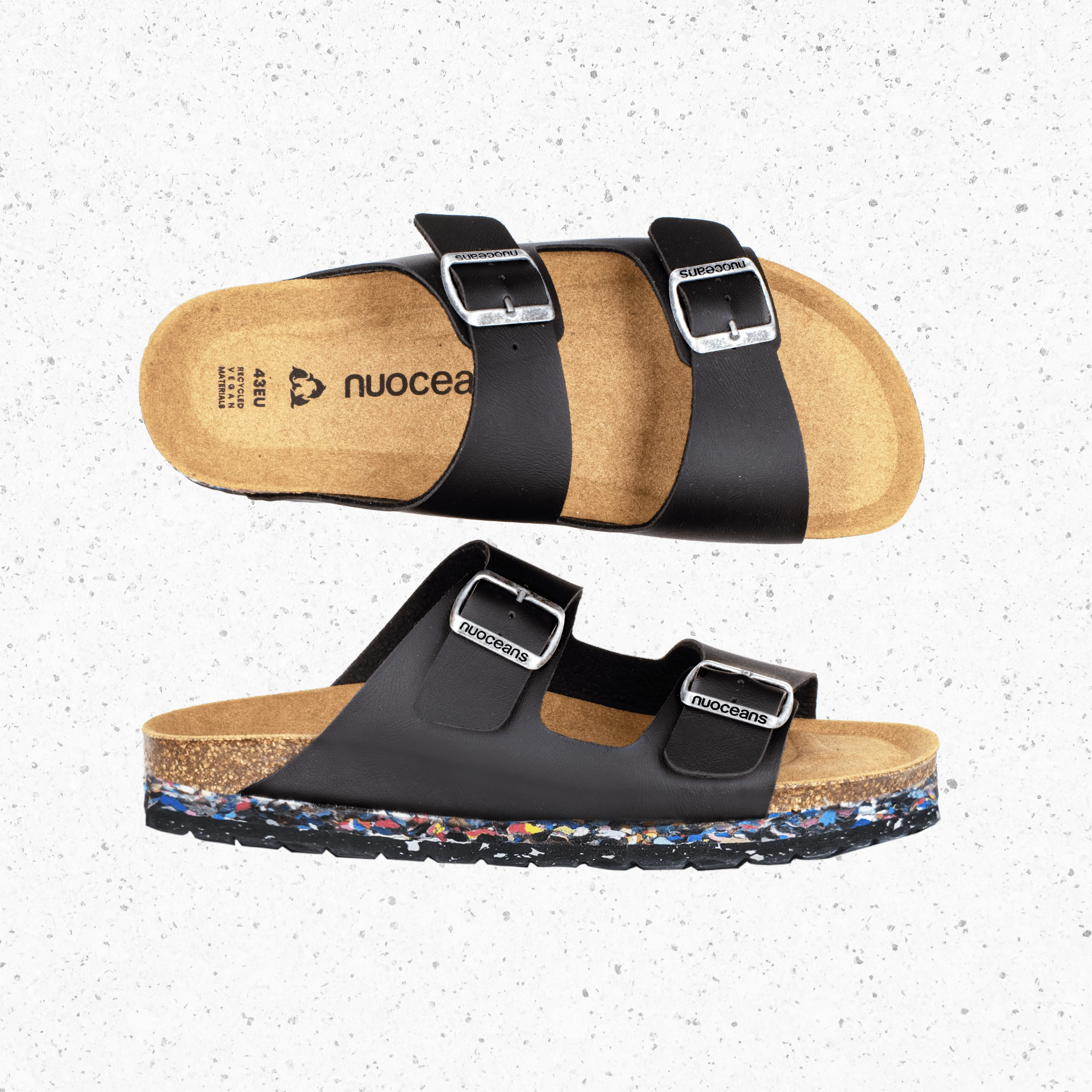 Nuo Recycled Flipflop & Cork Buckled Sandals | Onyx