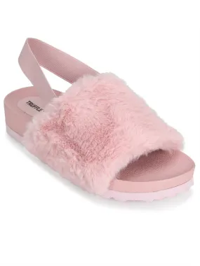 Pink Fur Slip Ons With Back Strap