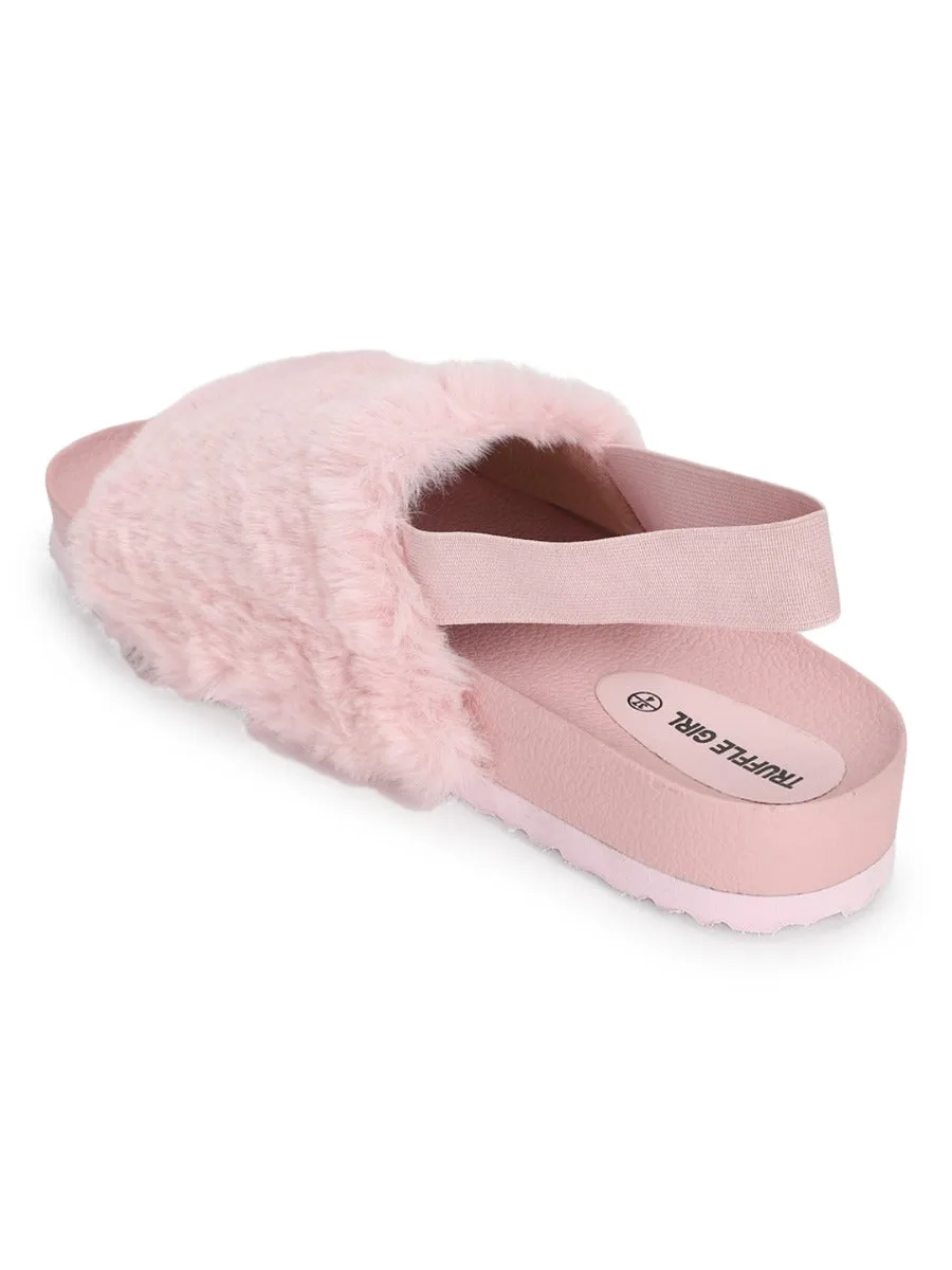 Pink Fur Slip Ons With Back Strap