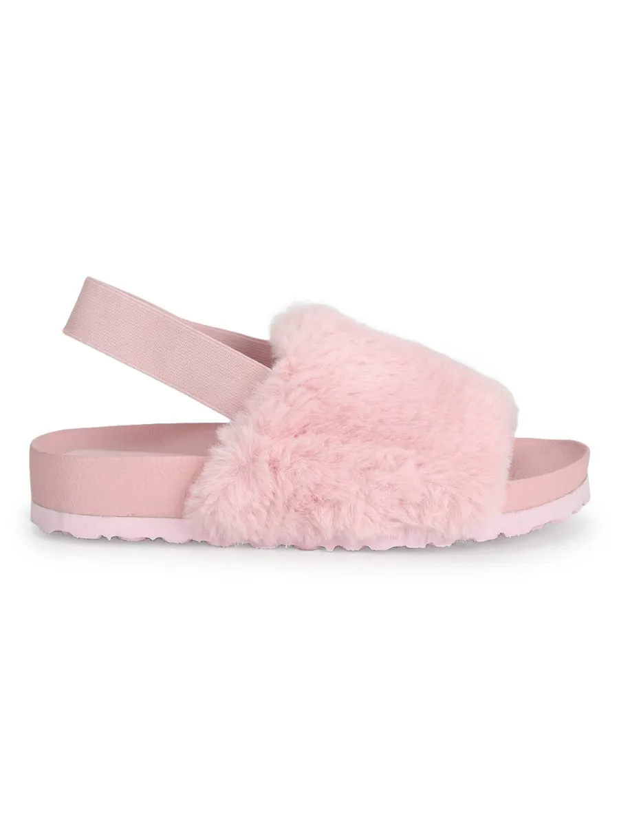 Pink Fur Slip Ons With Back Strap