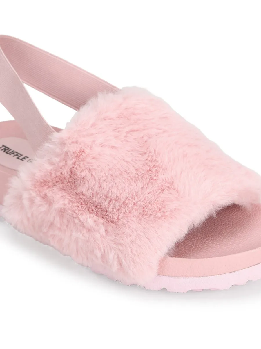 Pink Fur Slip Ons With Back Strap