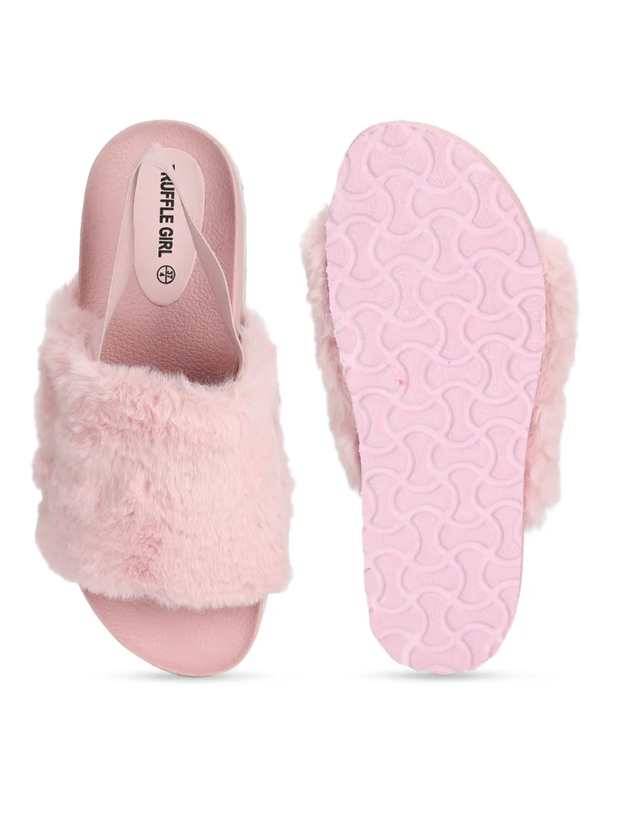 Pink Fur Slip Ons With Back Strap