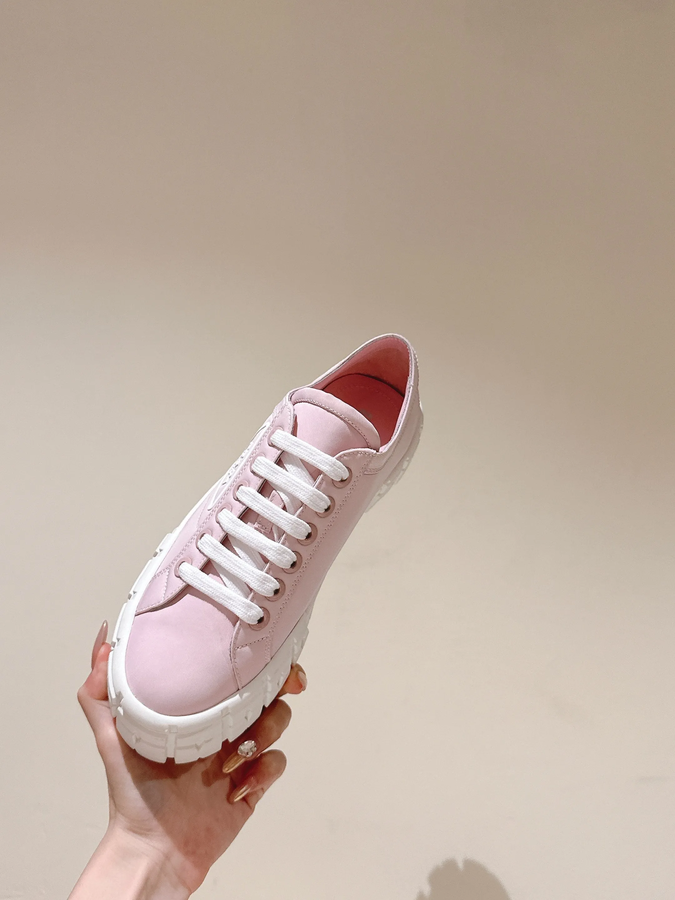 PRA DOUBLE WHEEL RE-NYLON GABARDINE SNEAKERS PASTEL PINK CALFSKIN