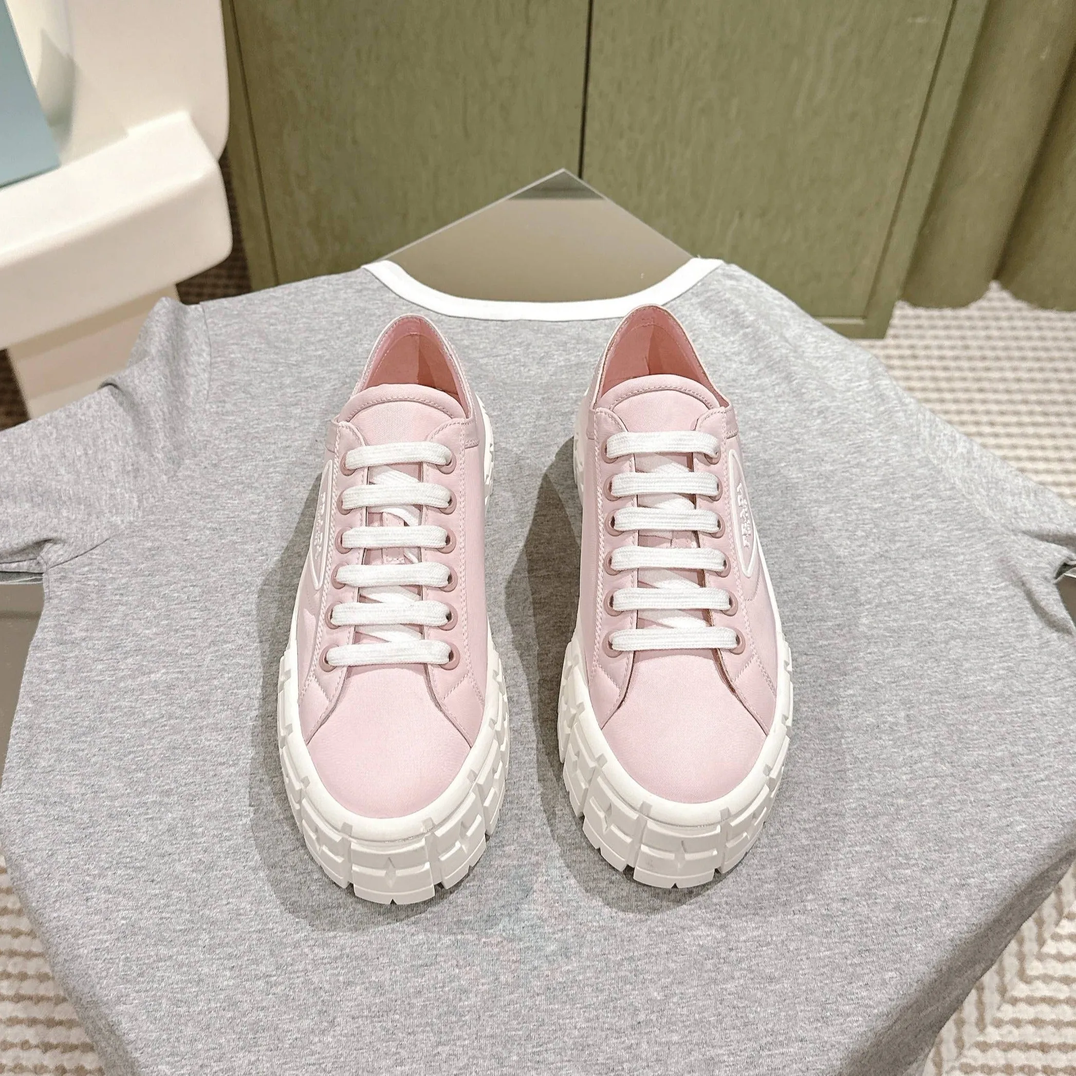 PRA DOUBLE WHEEL RE-NYLON GABARDINE SNEAKERS PASTEL PINK CALFSKIN