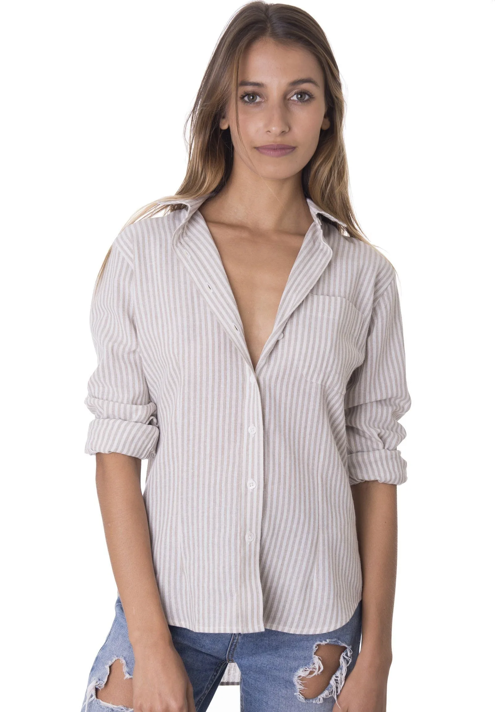 Rina Natural Stripes Slim-Fit Linen Shirt