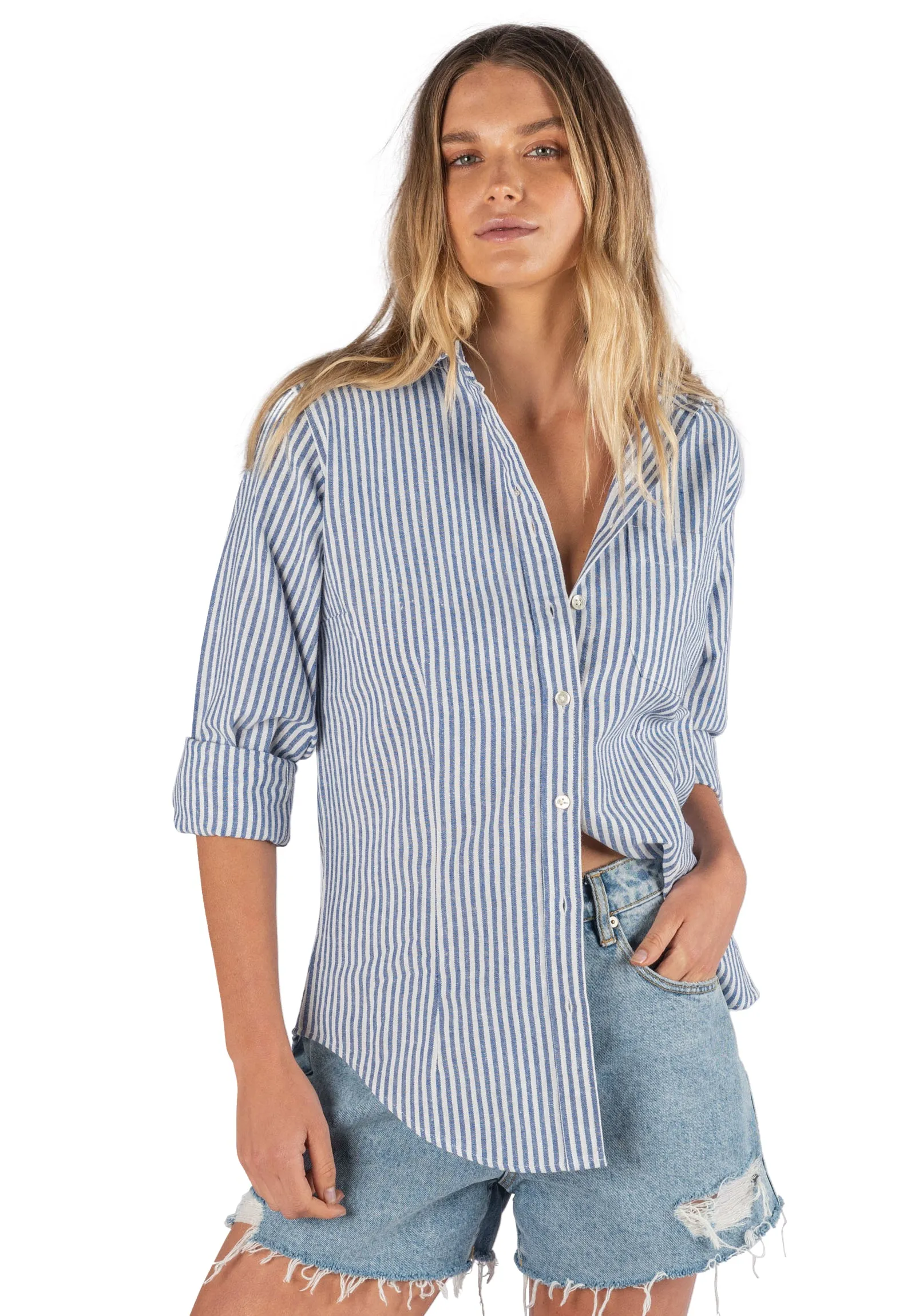 Rina Navy Blue Pin Stripes Slim-Fit Linen Shirt