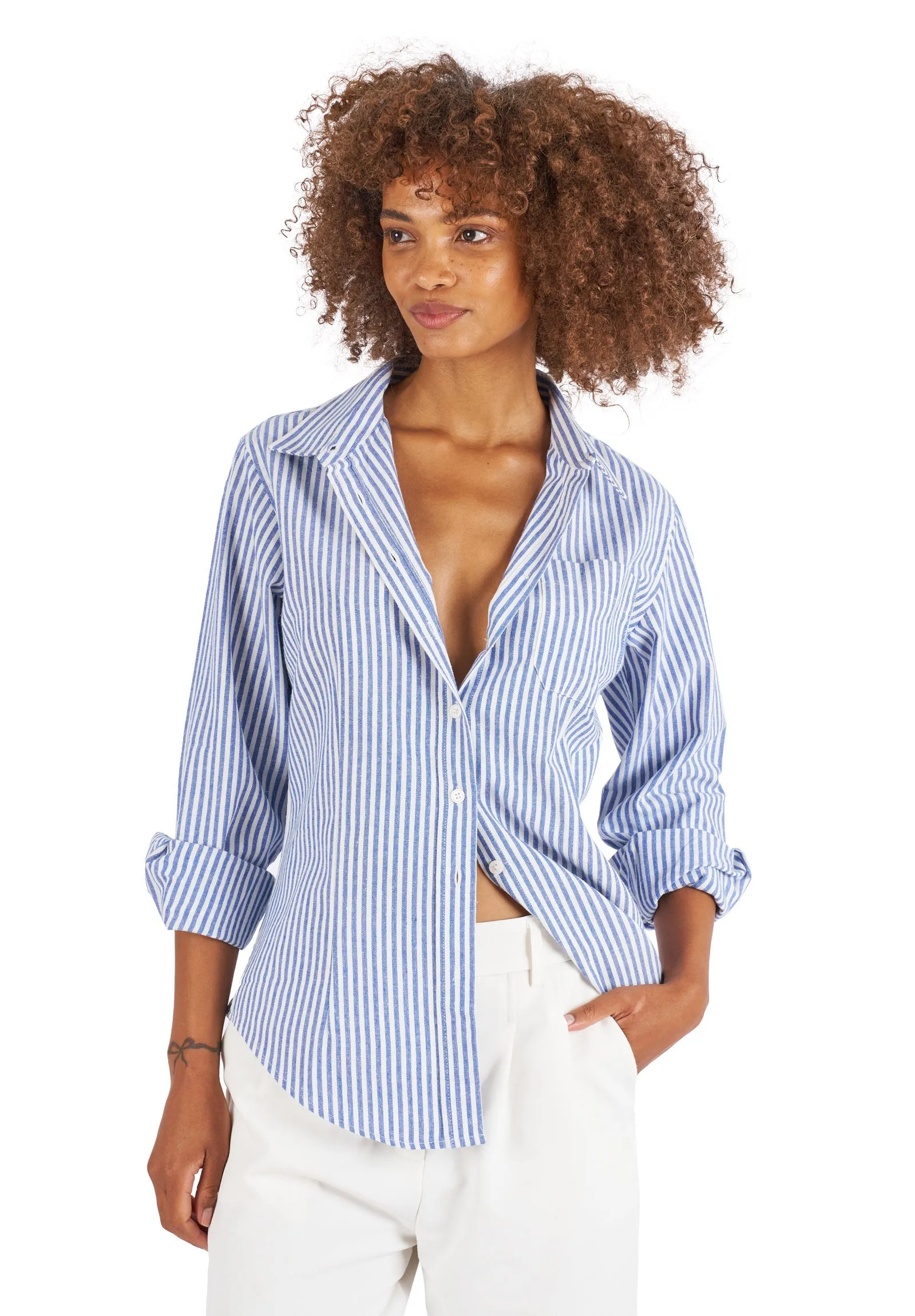 Rina Navy Blue Pin Stripes Slim-Fit Linen Shirt