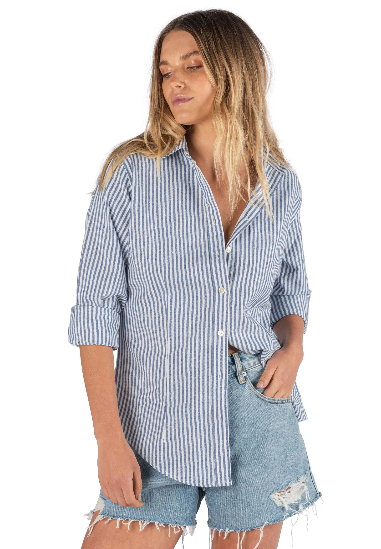 Rina Navy Blue Pin Stripes Slim-Fit Linen Shirt