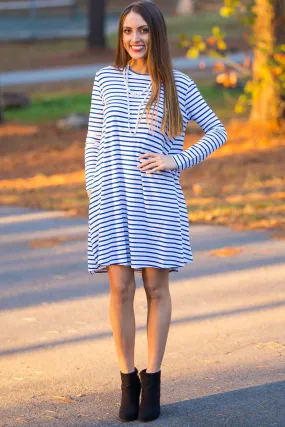 SALE-The Perfect Piko Long Sleeve Tiny Stripe Swing Dress-White/Royal