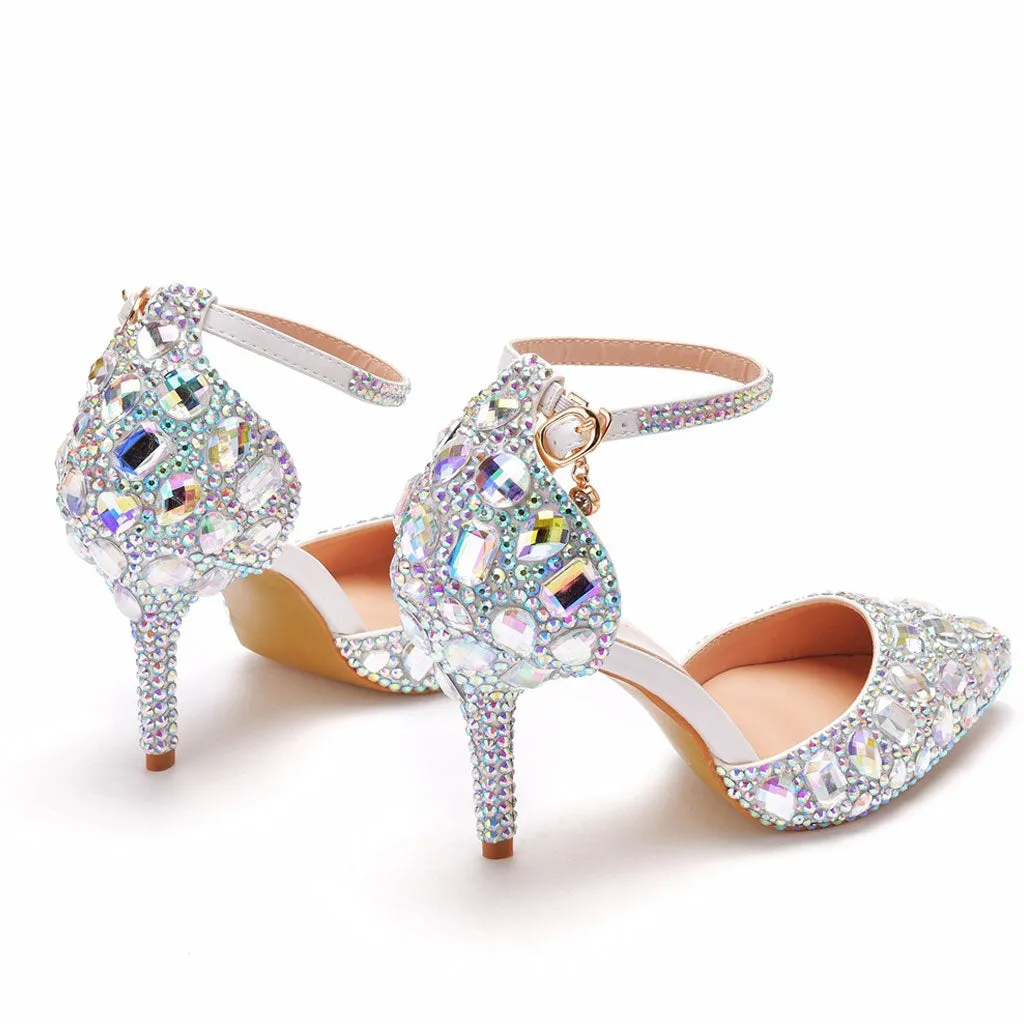 Sparkly Rhinestone Embellished Ankle Strap Stiletto Pumps - Multicolor