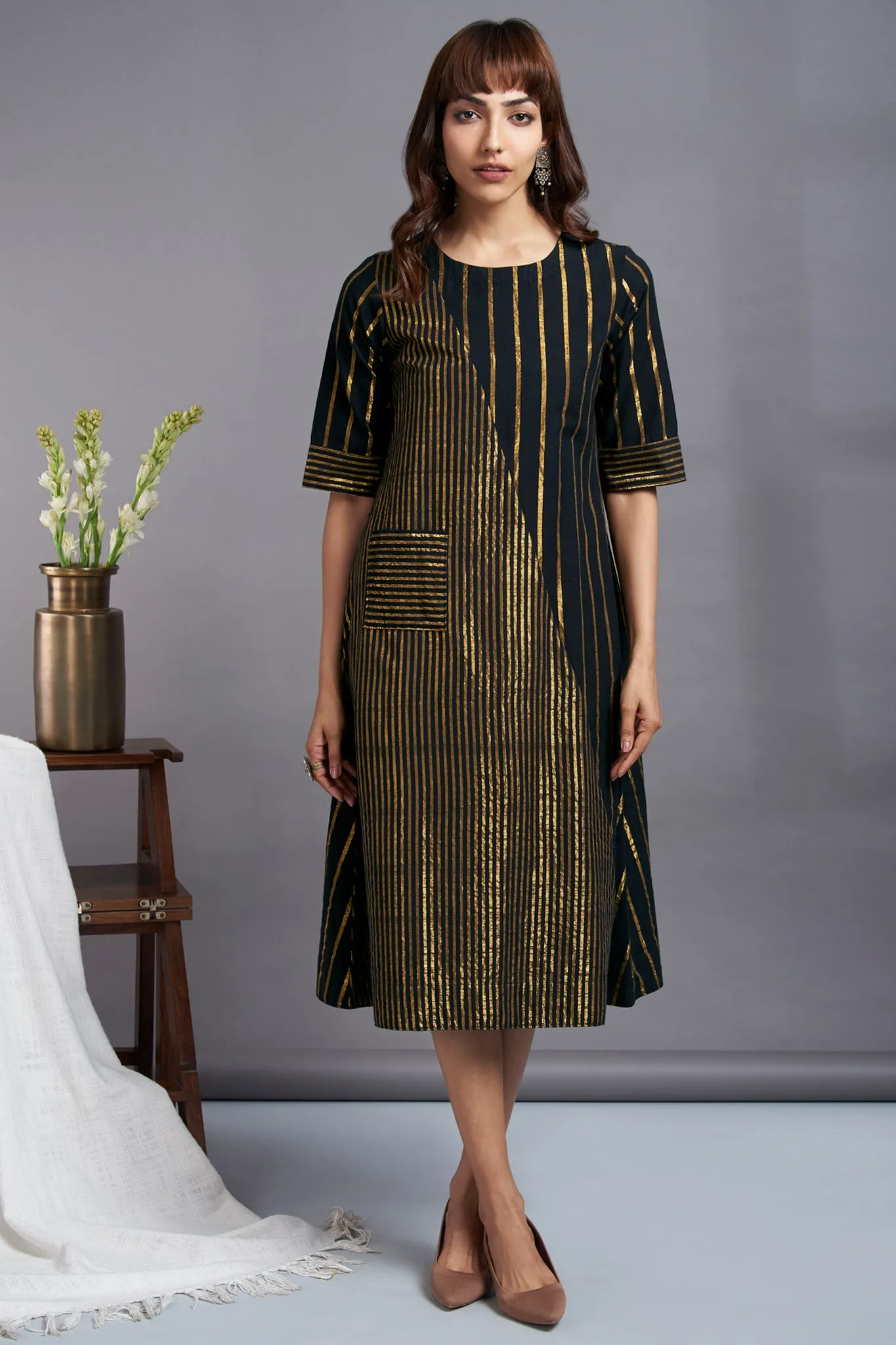 starlette glitter - cross bias handwoven cotton dress with gold stripes