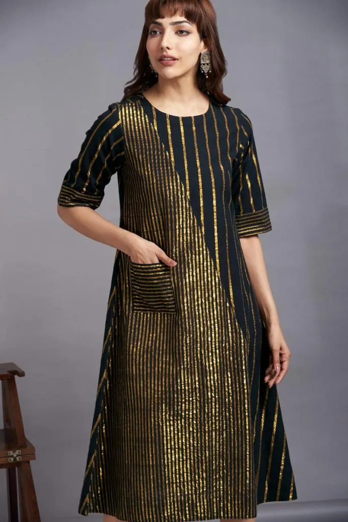 starlette glitter - cross bias handwoven cotton dress with gold stripes