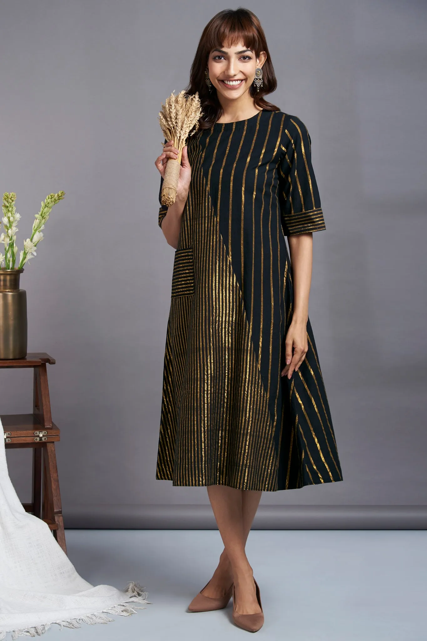 starlette glitter - cross bias handwoven cotton dress with gold stripes