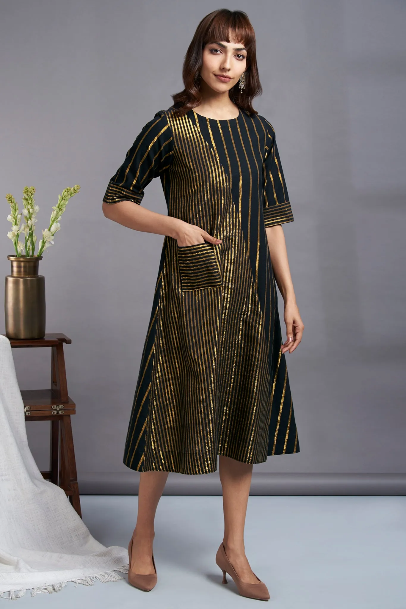 starlette glitter - cross bias handwoven cotton dress with gold stripes