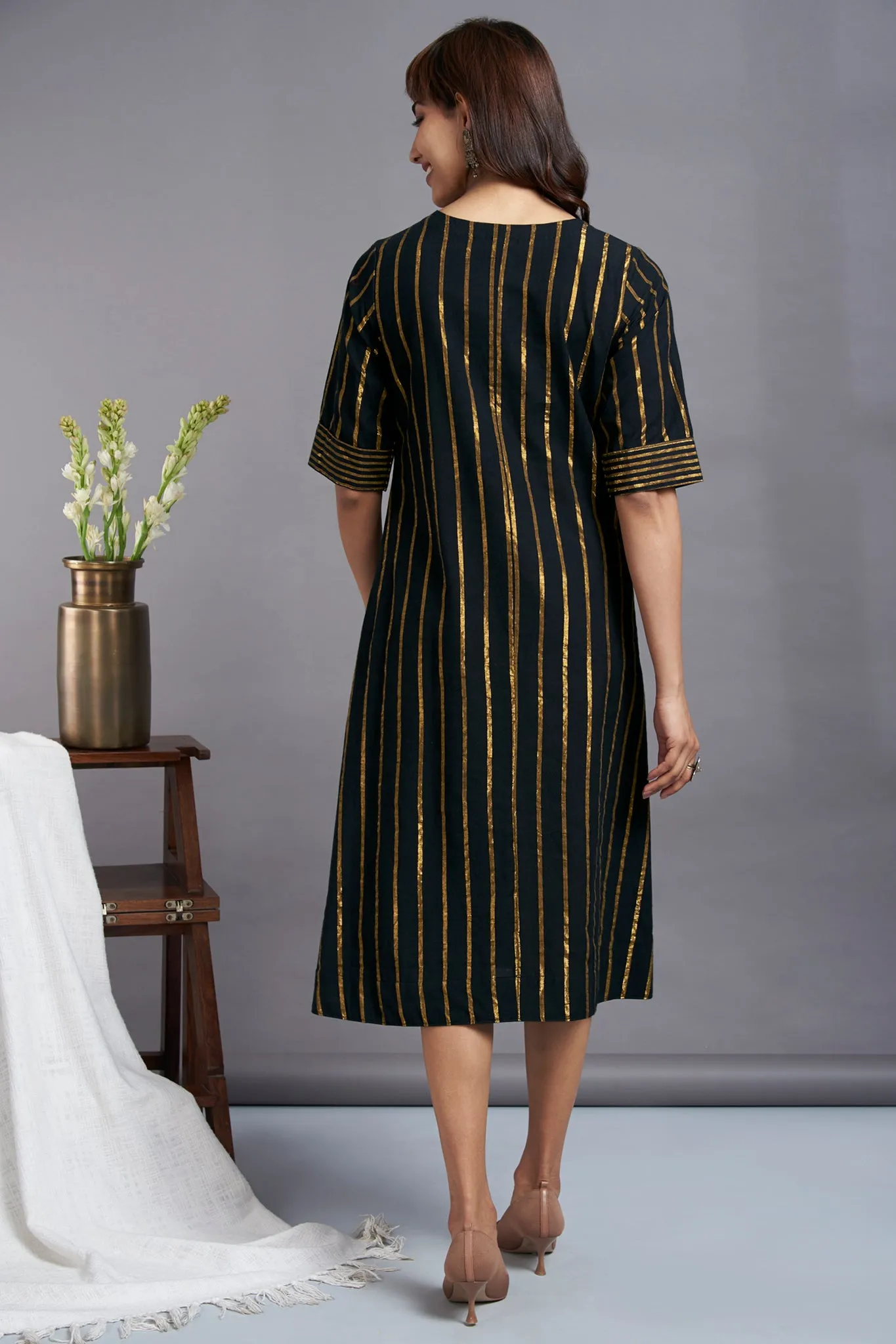 starlette glitter - cross bias handwoven cotton dress with gold stripes